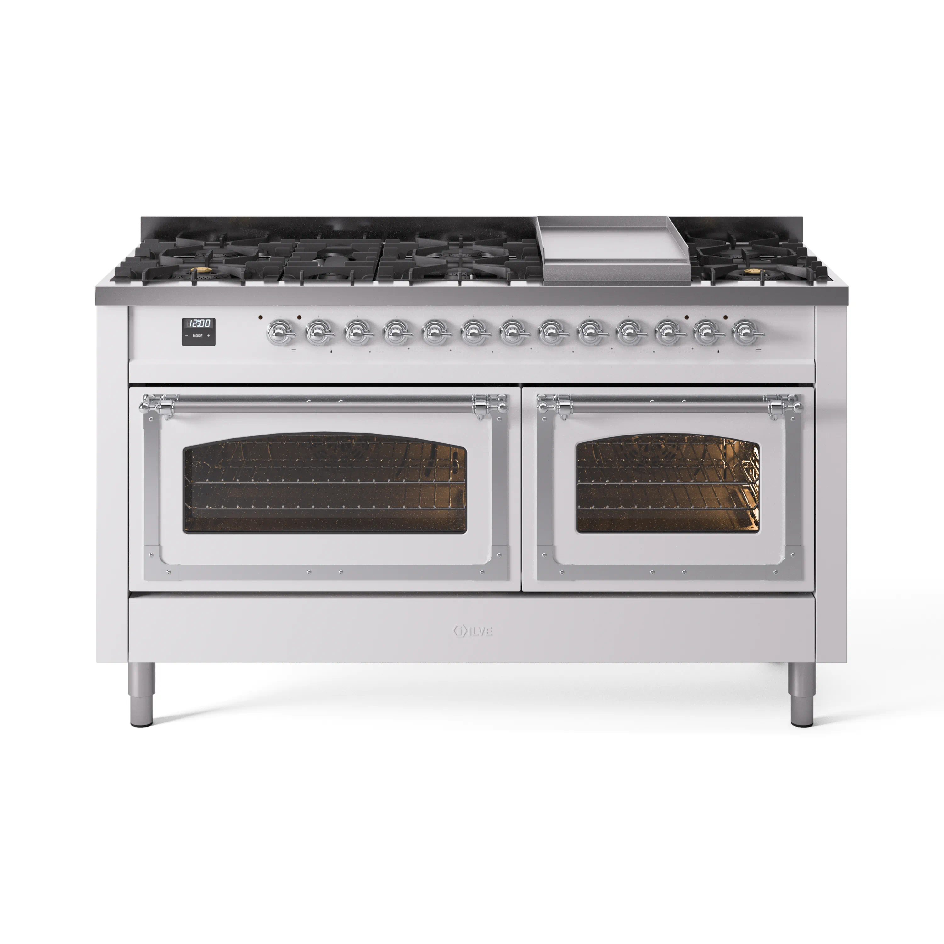 ILVE 60-Inch Nostalgie II Noblesse Dual Fuel Range with 9 Sealed Burners, Griddle, Triple Glass Door Oven in White with Chrome Trim (UN60FNMPWHC)