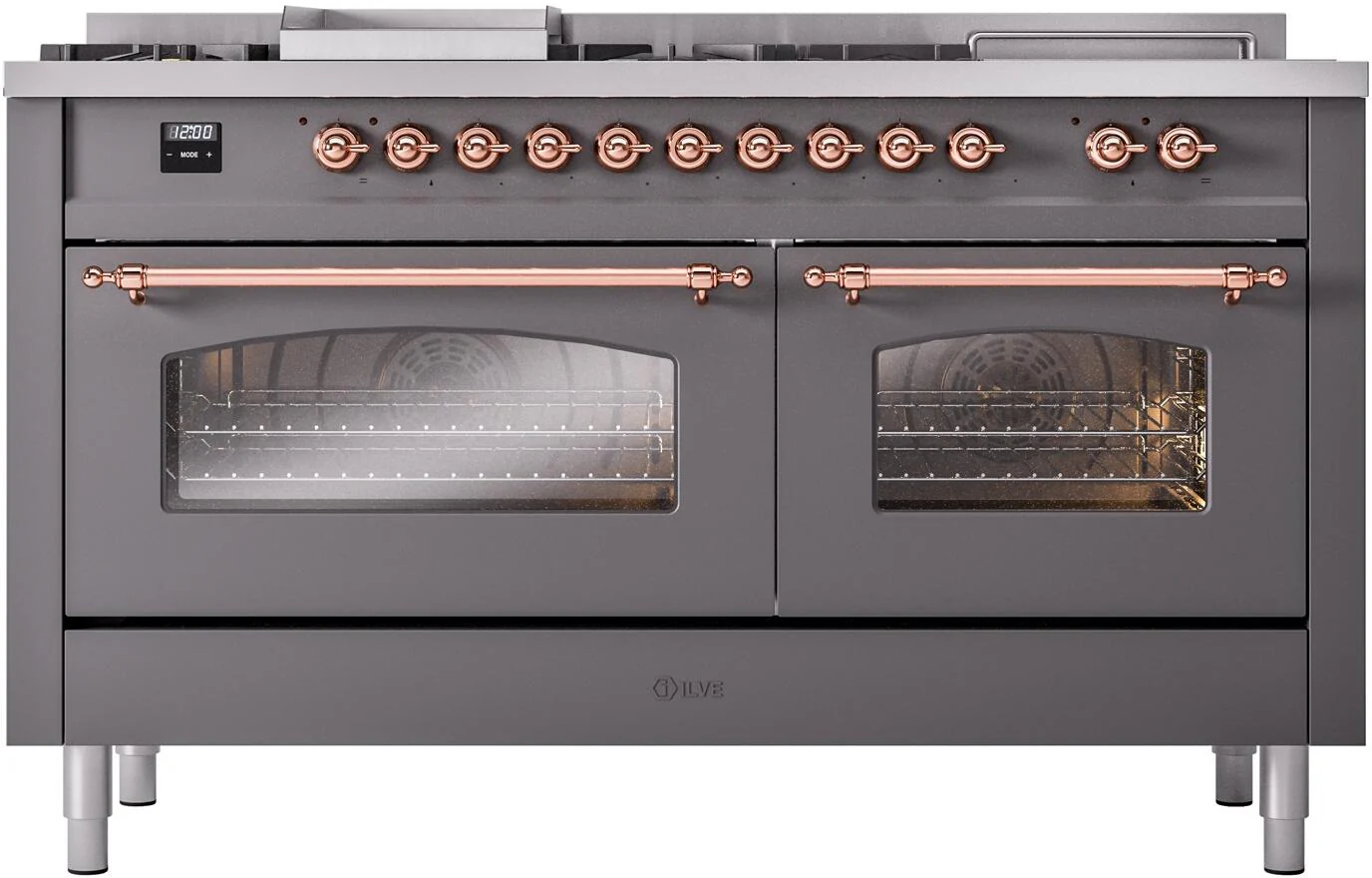 ILVE Nostalgie II 60-Inch Dual Fuel Range with 7 Burners, Griddle, & French Top with Triple Glass Door Oven in Matte Graphite with Copper Trim (UP60FSNMPMGP)