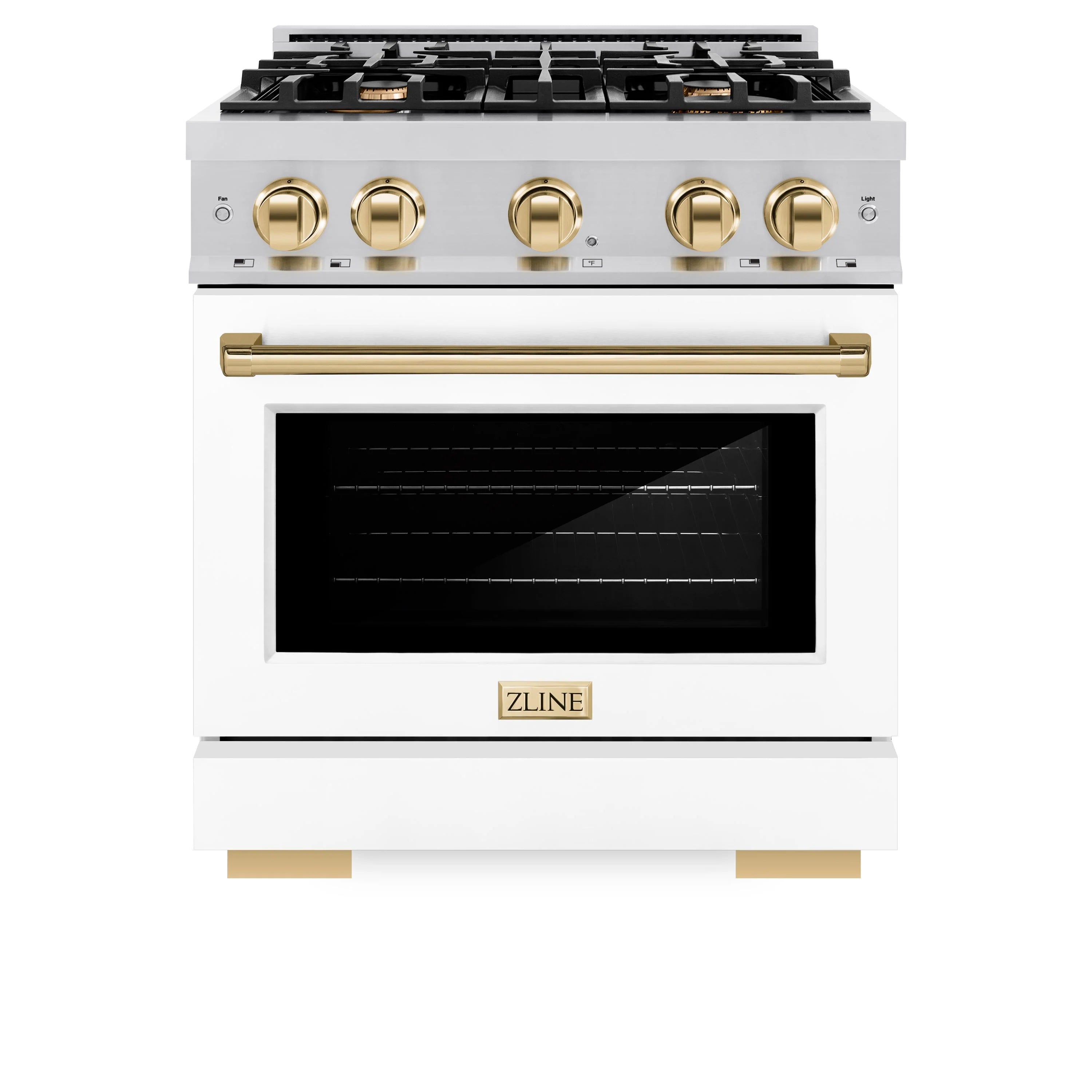 ZLINE Autograph Edition 30-Inch Select Series Dual Fuel Range with 4 Gas Burner Cooktop and 4.2 Cu. Ft. Electric Convection Oven in Stainless Steel with White Matte Door and Polished Gold Accents (HDRZ-WM-30-G)
