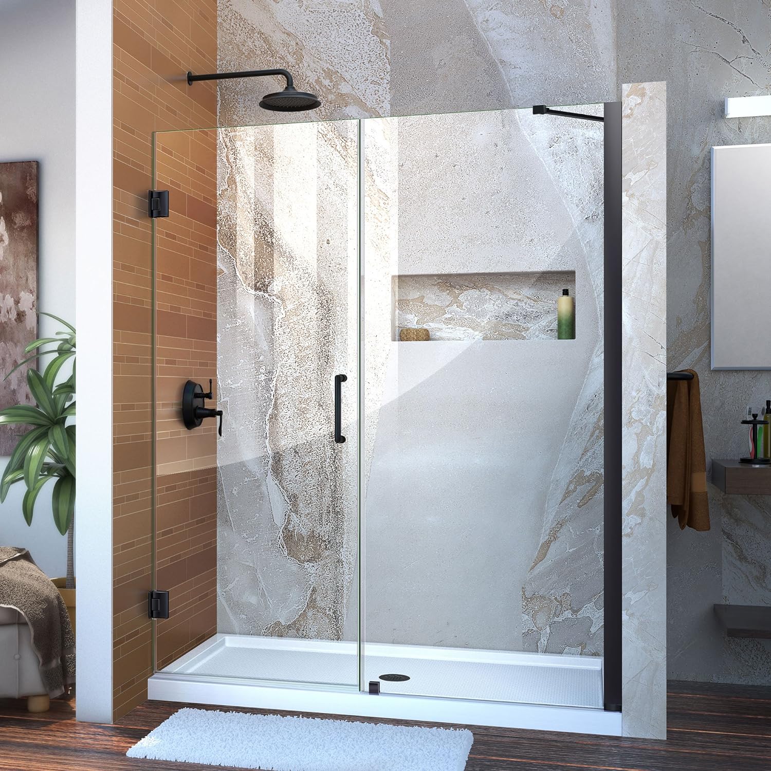 DreamLine Unidoor 54 - 55 inch W x 72 inch H Frameless Hinged Shower Door with Support Arm in Matte Black