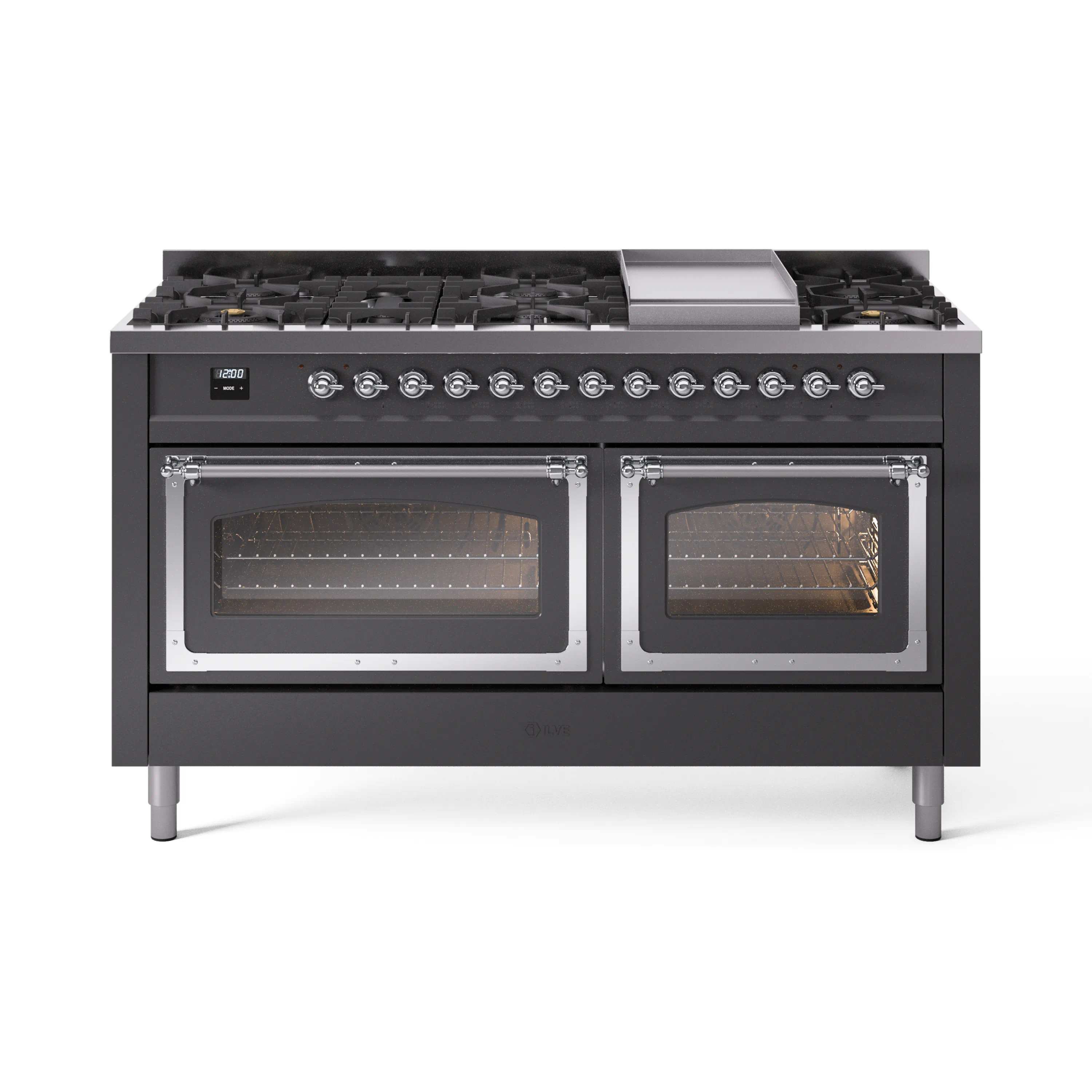 ILVE 60-Inch Nostalgie II Noblesse Dual Fuel Range with 9 Sealed Burners, Griddle, Triple Glass Door Oven in Matte Graphite with Chrome Trim (UN60FNMPMGC)