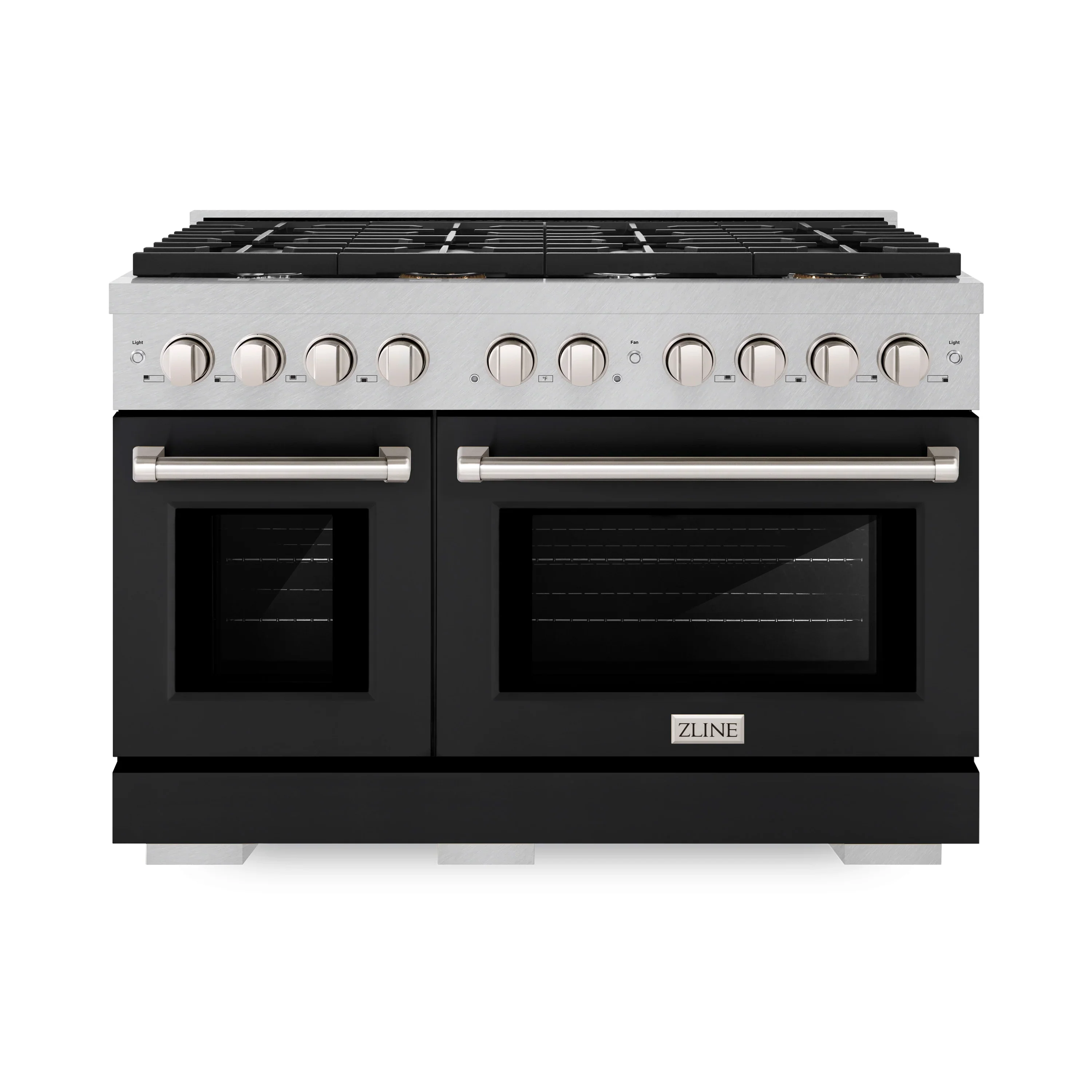 ZLINE 48-Inch Paramount Gas Range with 8 Gas Burners and 6.7 cu. ft. Double Oven in Fingerprint Resistant Satin Stainless Steel with Black Matte Doors (SGRS-BLM-48)