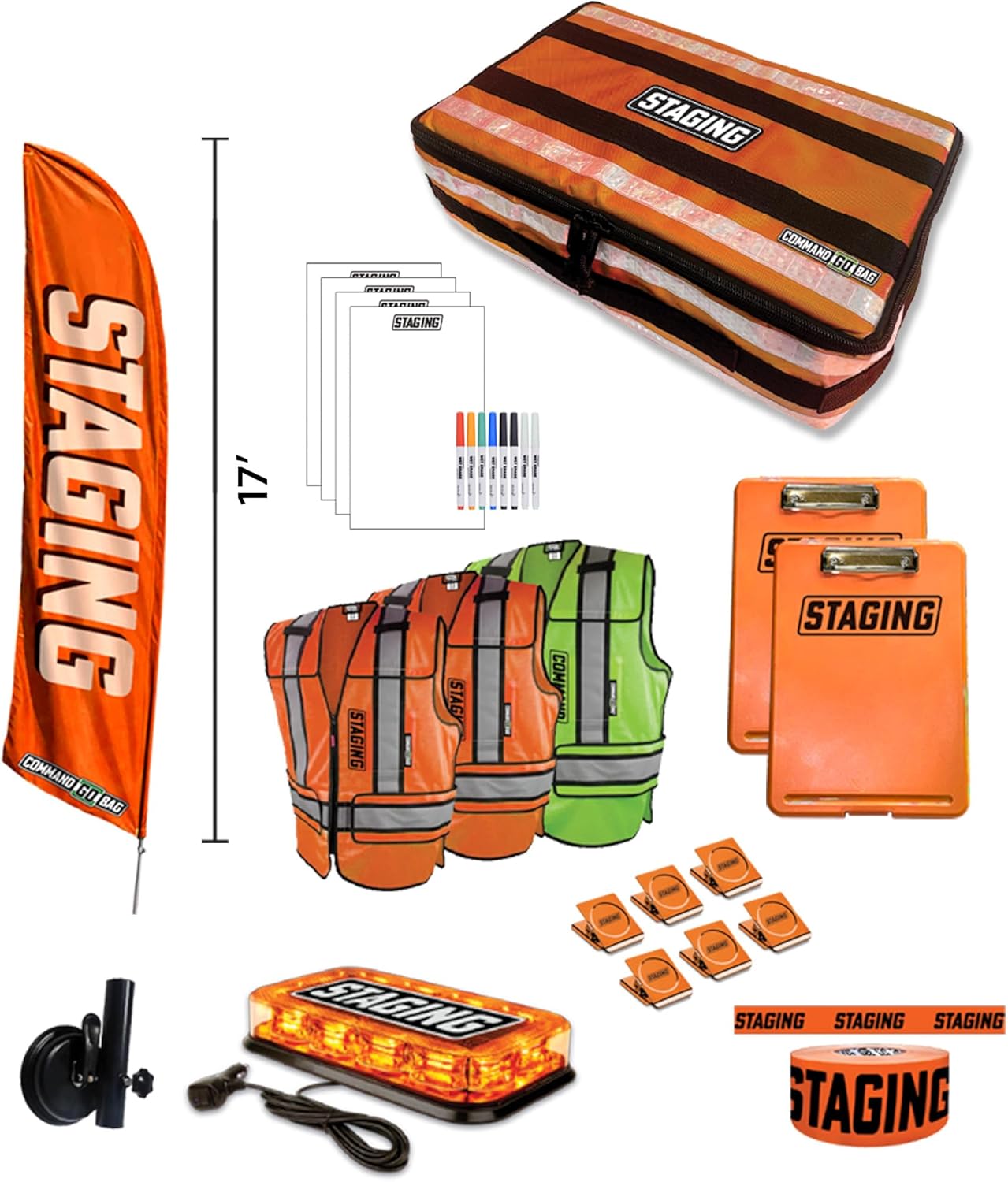 Staging Emergency Evacuation Command Kit, Includes 2 Staging Vests, Flag Banner, Light Strobe, Clipboards, Magnetic Whiteboards, Marker Set, Ribbon & More for Crisis Management, Orange