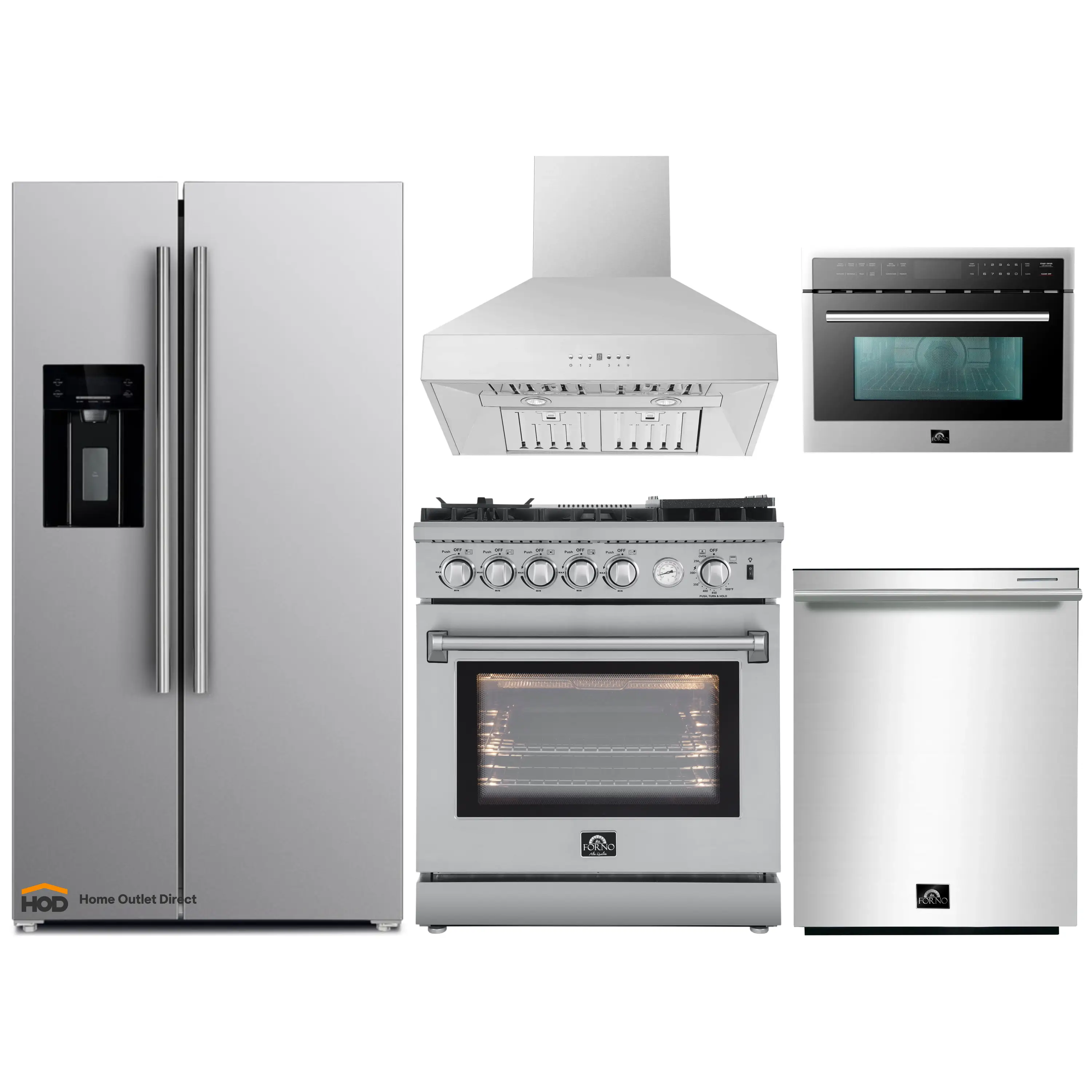 Forno 5-Piece Appliance Package - 30-Inch Gas Range with Air Fryer, Refrigerator with Water Dispenser, Wall Mount Hood, 24-Inch Microwave Oven, & 3-Rack Dishwasher in Stainless Steel