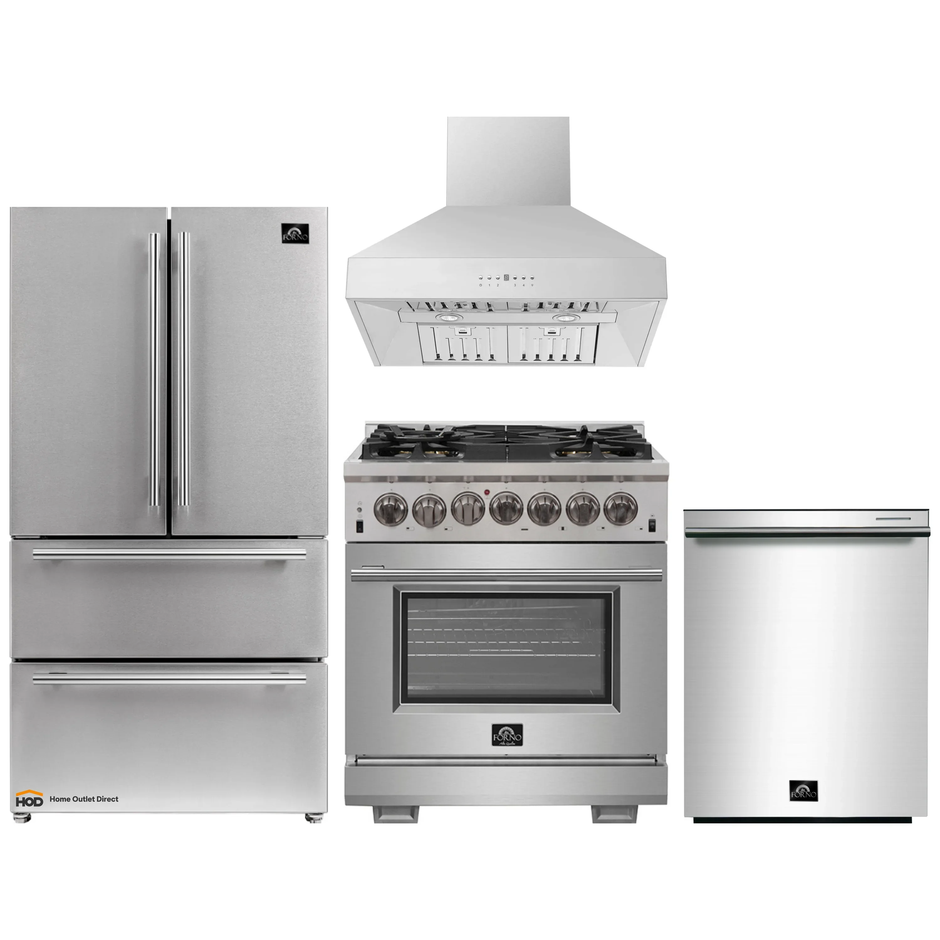 Forno 4-Piece Pro Appliance Package - 30-Inch Dual Fuel Range, Refrigerator, Wall Mount Hood, & 3-Rack Dishwasher in Stainless Steel