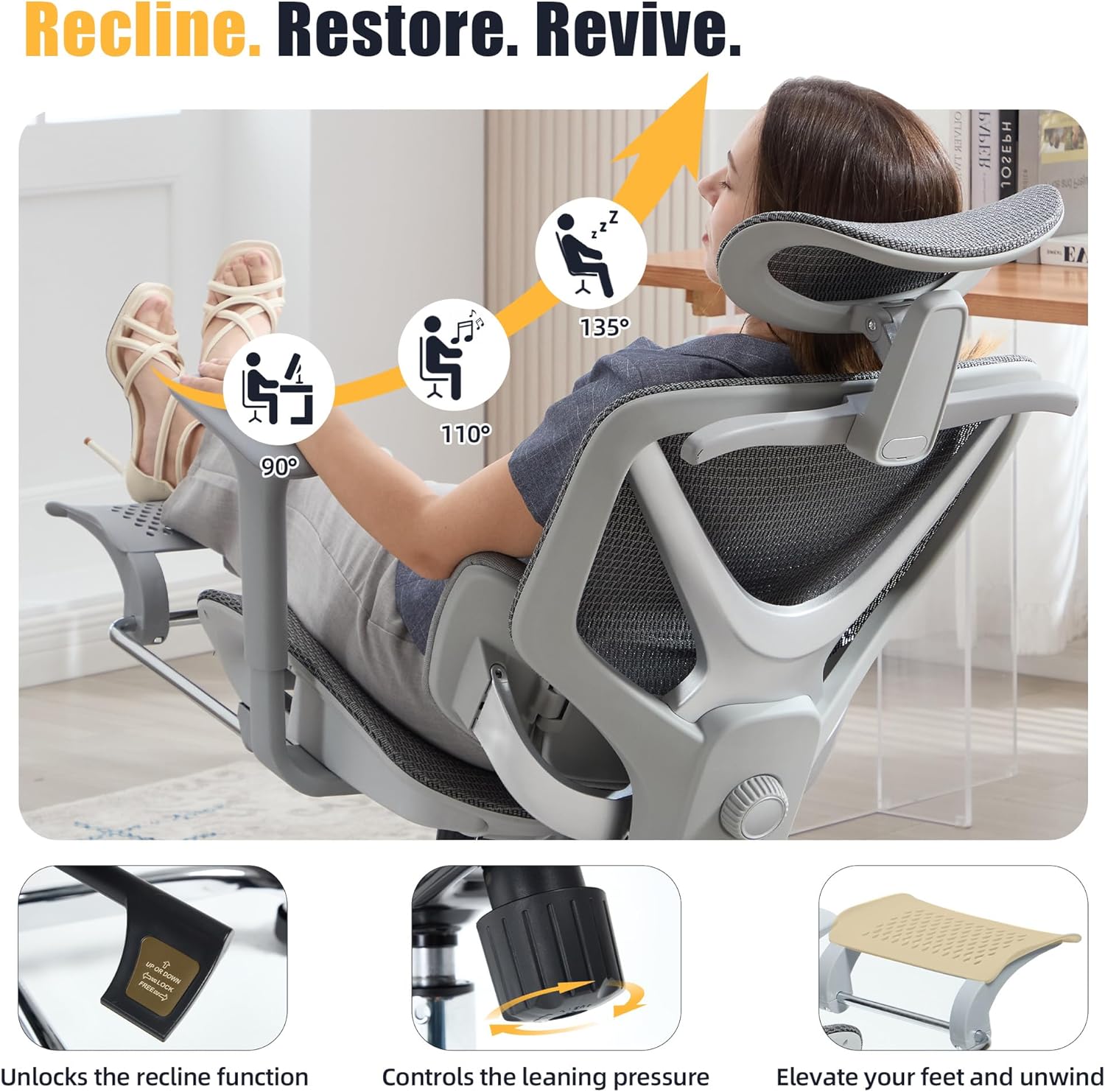 Ergonomic Office Chair - Mesh Executive Desk Chair with 3-Zone Dynamic Lumbar Support & 2D Adjustable Headrest - High Back Reclining Swivel Computer Gaming Chair with 4D Adjustable Armrests & Footrest