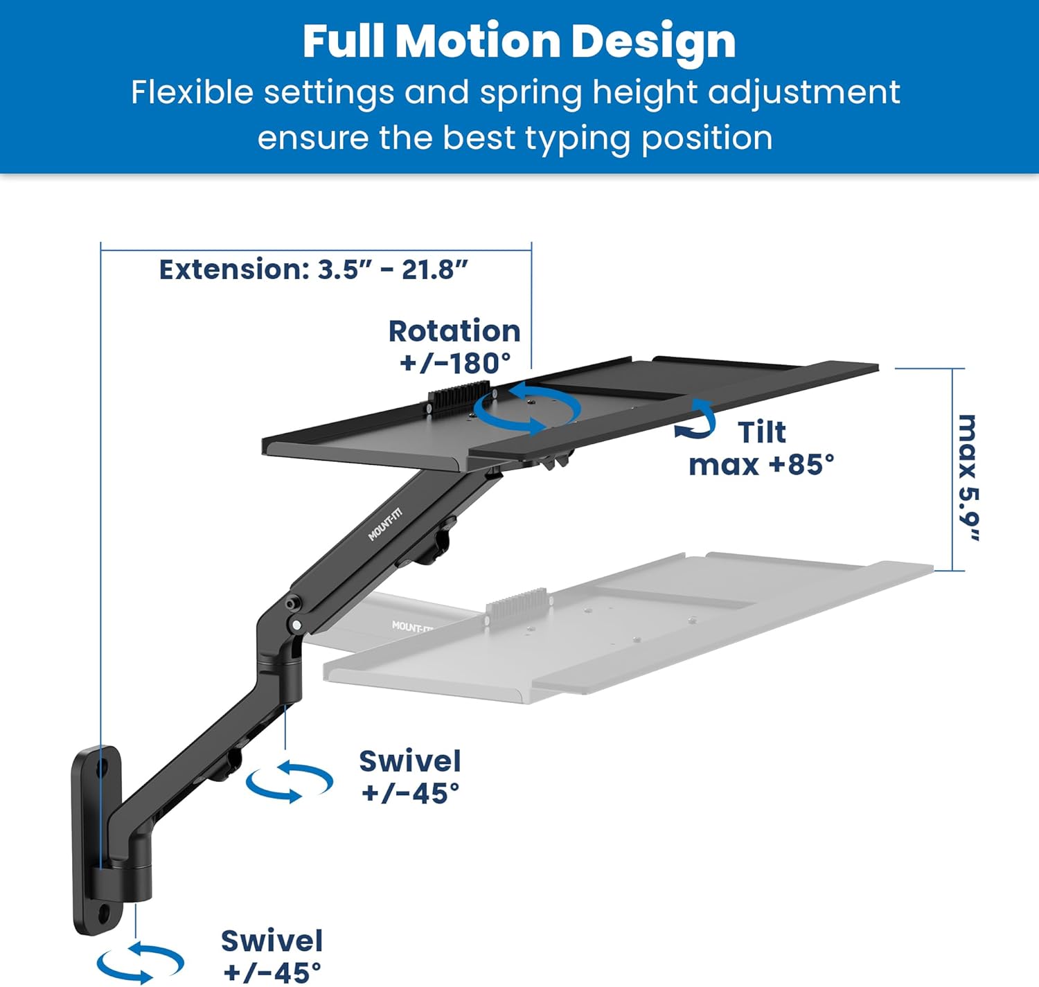 Mount-It! Keyboard Wall Mount with Pole Option, Adjustable Keyboard and Mouse Tray with Spring Arm, Full Motion Swivel Tilt Extension, Ergonomic Workstation for Medical, Office, and Sim Racing