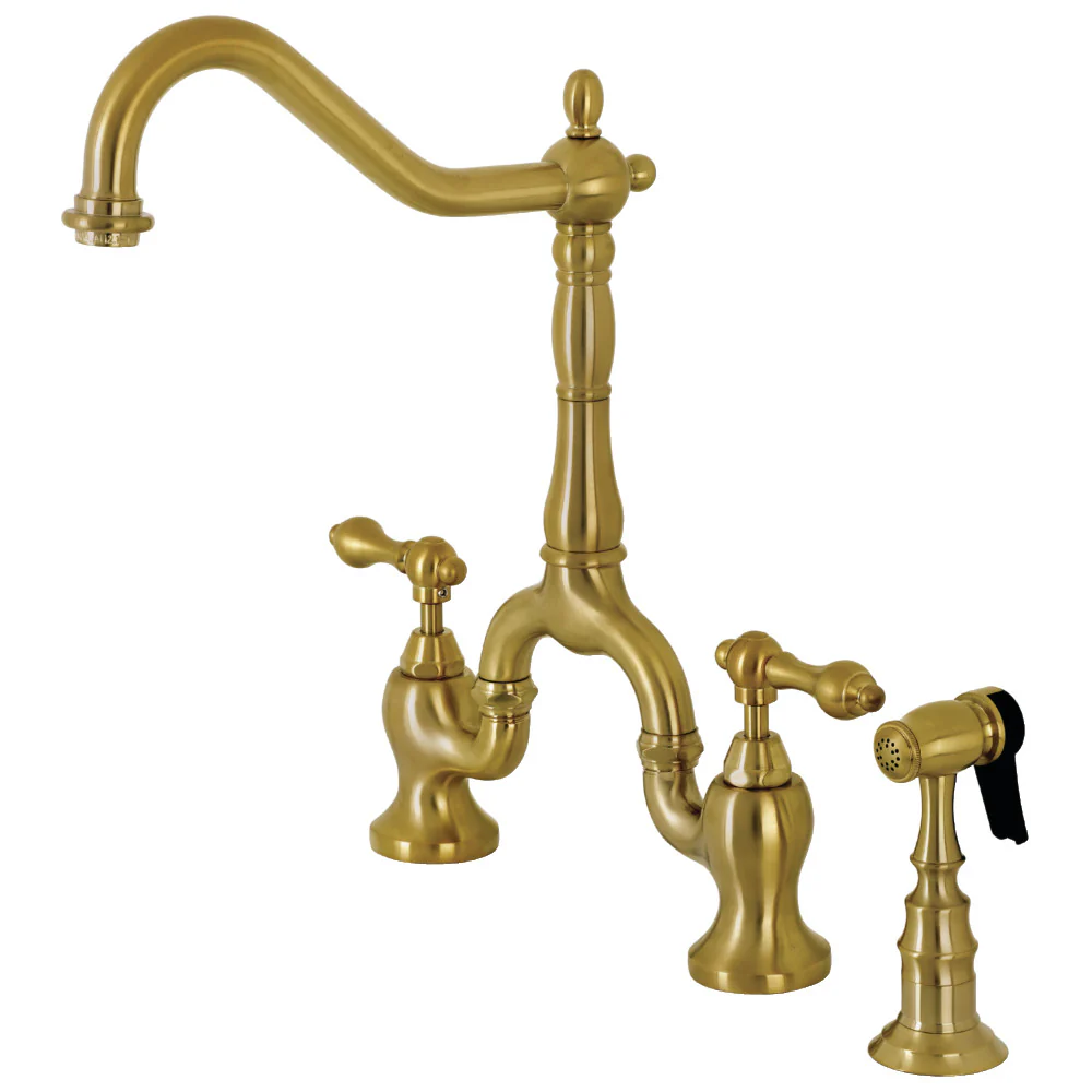 Kingston Brass English Country Bridge Kitchen Faucet with Brass Side Sprayer, Brushed Brass (KS7757ALBS)
