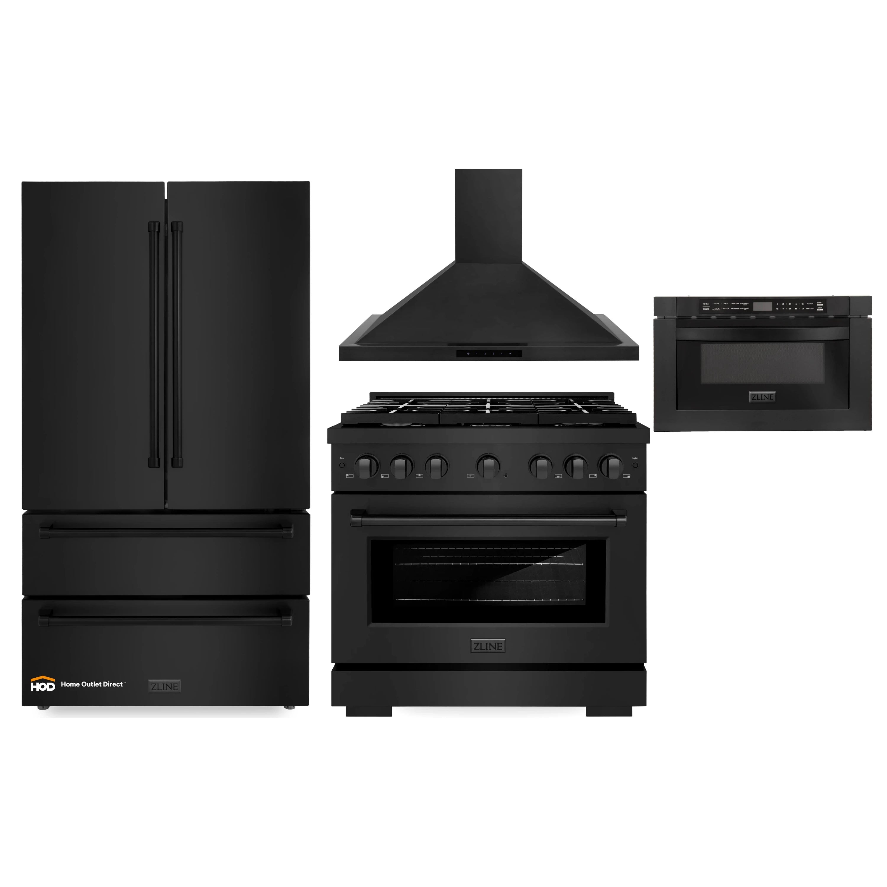 ZLINE 4-Piece Appliance Package - 36-inch Gas Range, 36-inch Refrigerator, Convertible Wall Mount Hood, and Microwave Drawer in Black Stainless Steel (4KPR-SGRBRH36-MW)