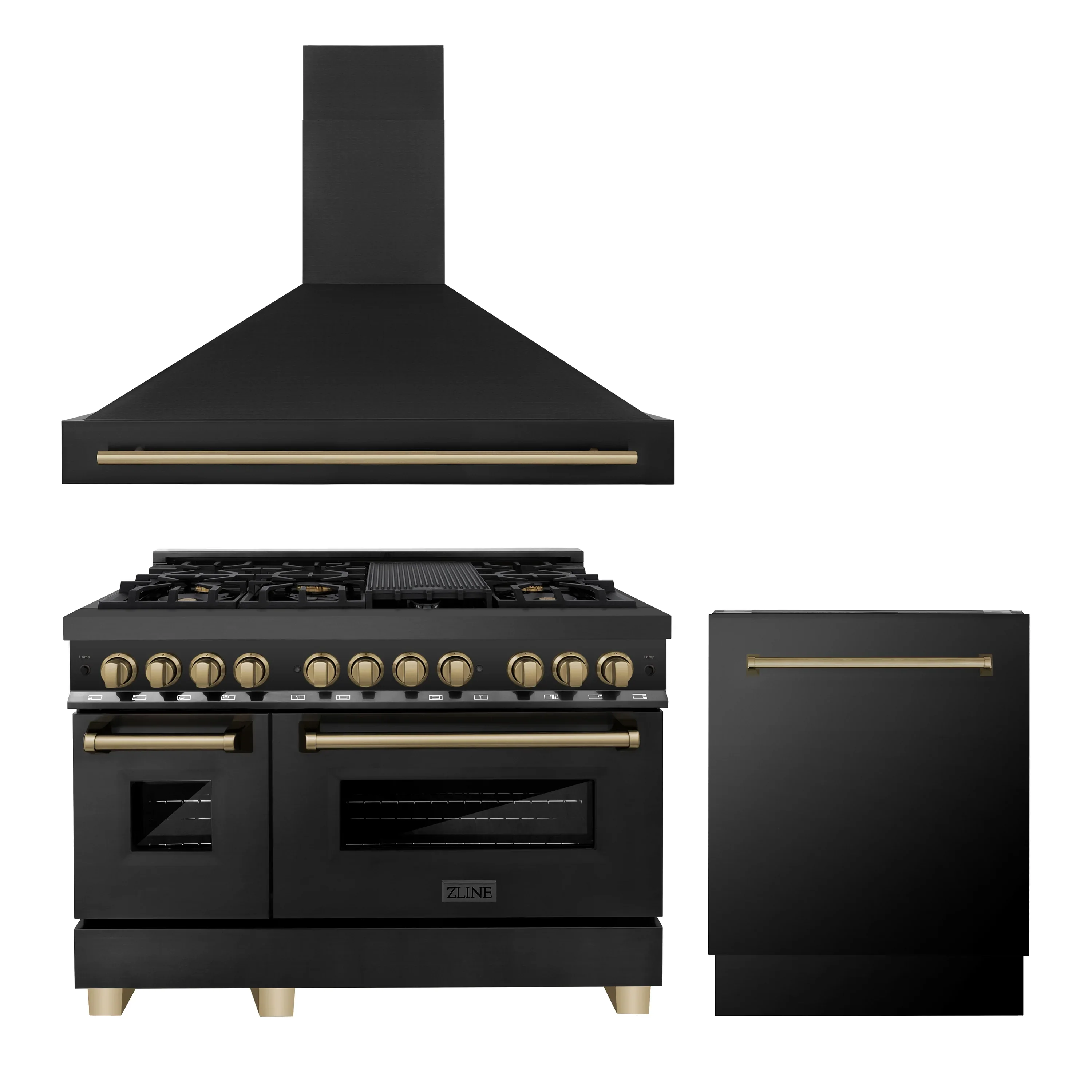 ZLINE Autograph Edition 3-Piece Appliance Package - 48-Inch Dual Fuel Range, Wall Mounted Range Hood, & 24-Inch Tall Tub Dishwasher in Black Stainless Steel with Champagne Bronze Trim (3AKP-RABRHDWV48-CB)