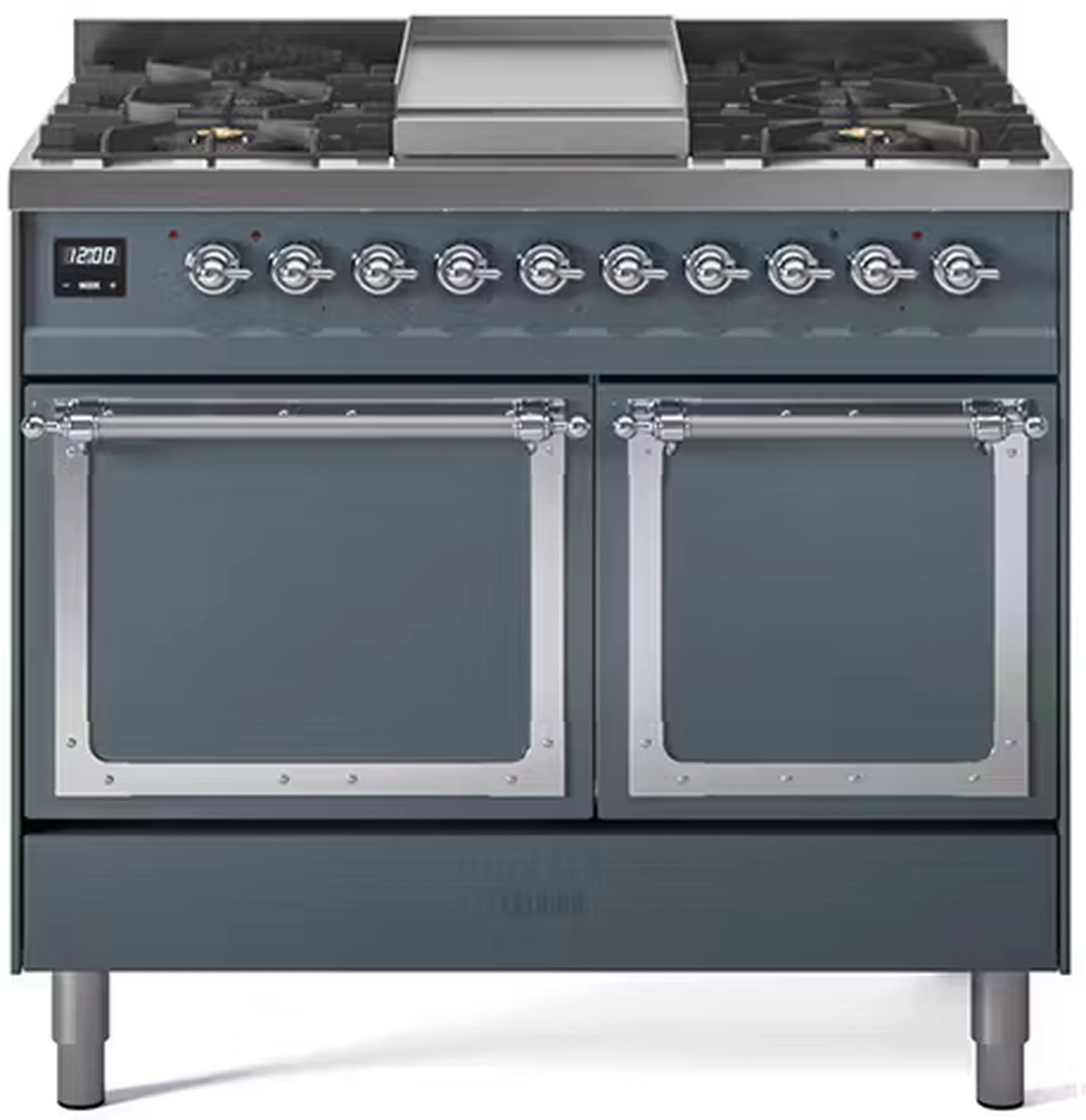 ILVE 40-Inch Nostalgie II Noblesse Dual Fuel Range with Solid Door Oven in Blue Grey with Chrome Trim (UND40FQNMPBGC)