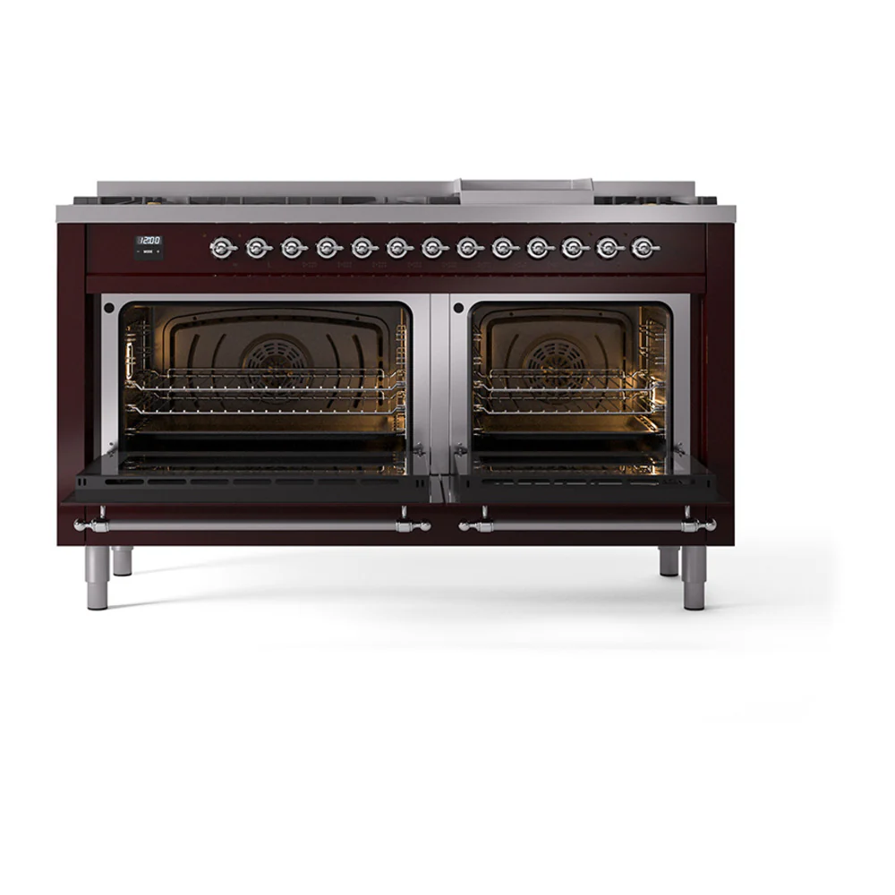 ILVE 60-Inch Nostalgie II Noblesse Dual Fuel Range with 9 Sealed Burners, Griddle, and Solid Door Oven in Burgundy with Chrome Trim (UN60FQNMPBUC)