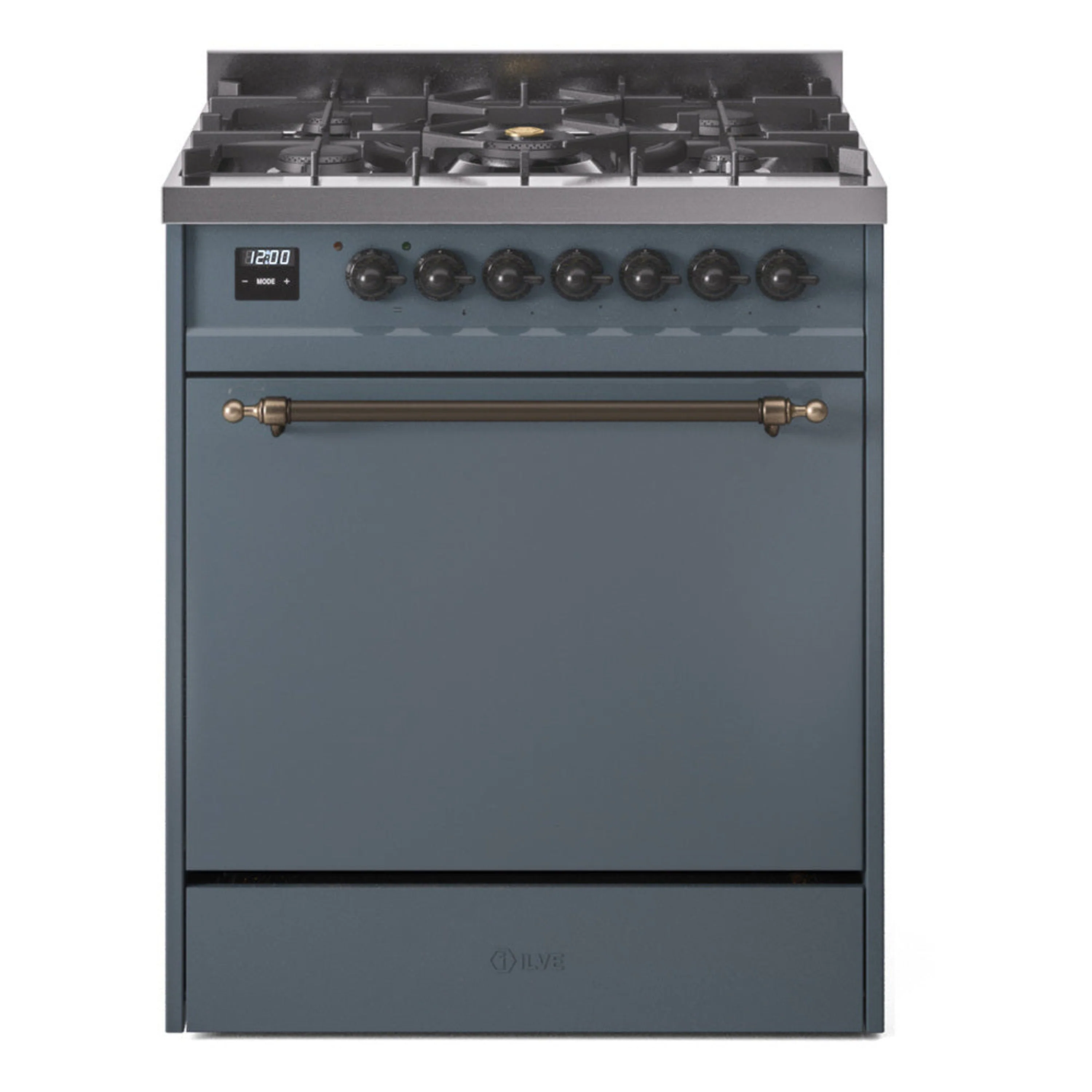 ILVE Nostalgie II 30-Inch Dual Fuel Range with Solid Door in Blue Grey with Bronze Trim (UP30QNMPBGB)