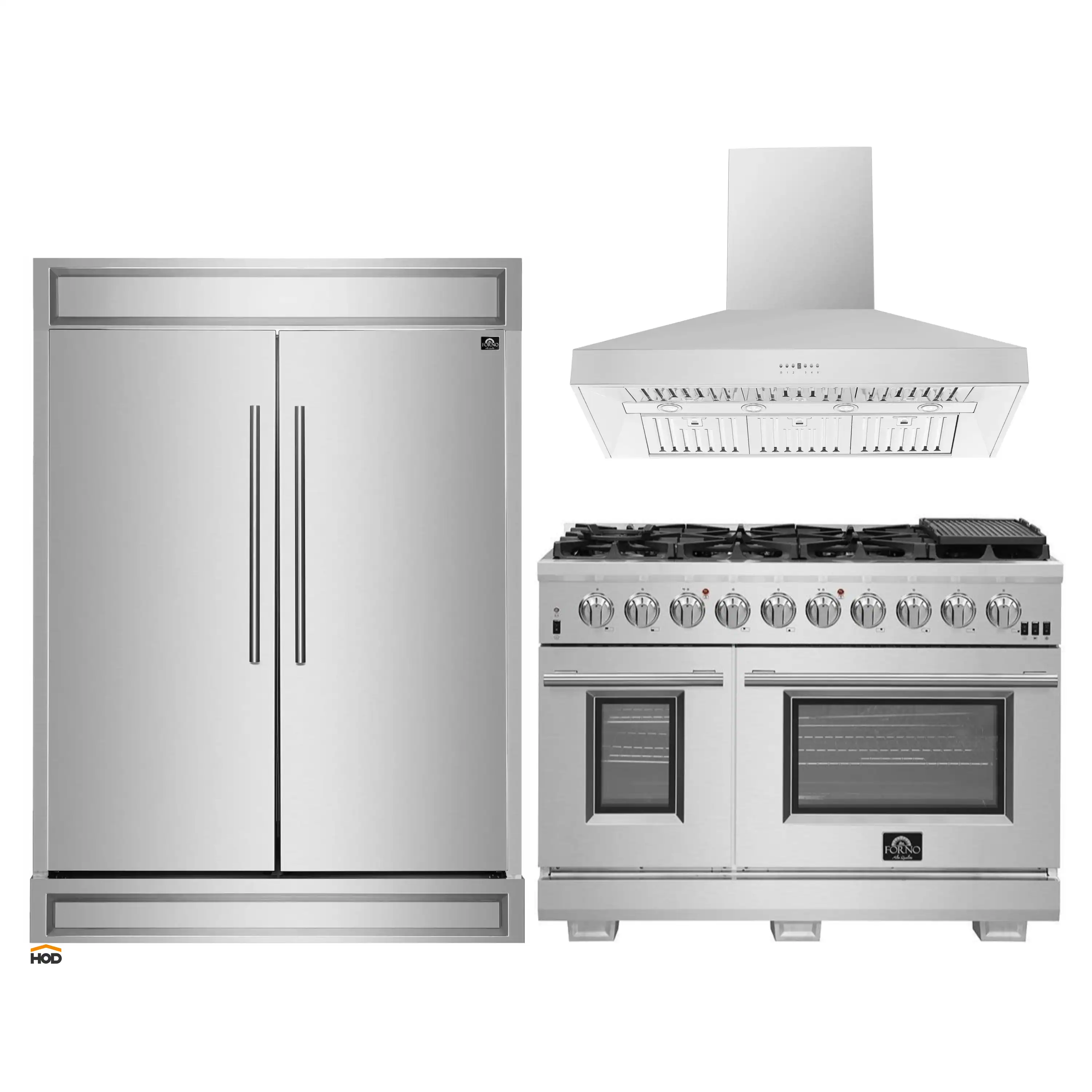 Forno 3-Piece Appliance Package - 48-Inch Capriasca Gas Range, Refrigerator, & Wall Mount Hood in Stainless Steel (FBDL-019-07CAUS)