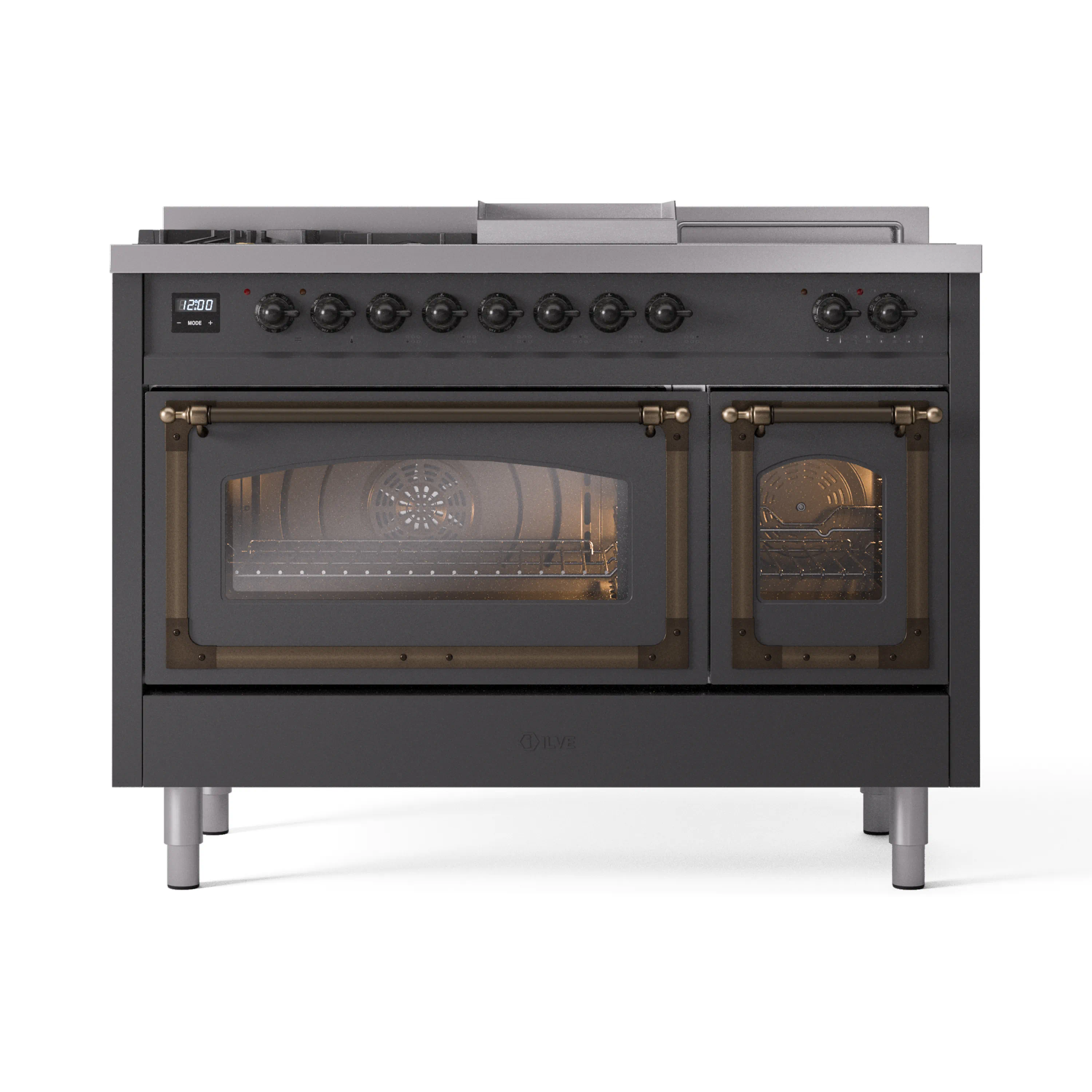 ILVE 48-Inch Nostalgie II Noblesse Dual Fuel Range with 5 Sealed Burners, Griddle, French Top and Triple Glass Door Oven in Matte Graphite with Bronze Trim