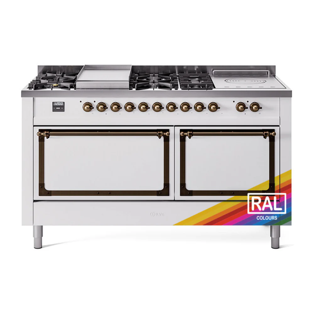 ILVE 60-Inch Nostalgie II Noblesse Dual Fuel Range with 7 Sealed Burners, Gridlde, French Top, and Solid Door Oven in Custom RAL with Bronze Trim (UN60FSQNMPRAB)