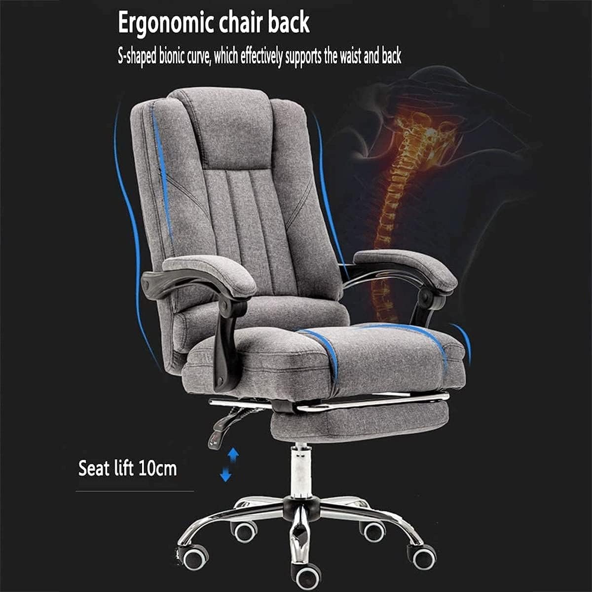 Office Chair Swivel Desk Chair Office Chair - High Back Desk Chair, with Adjustable Lumbar Support & Metal Armrest Thick Seat Cushion - 150°Reclining & Rocking Linen Fabr,