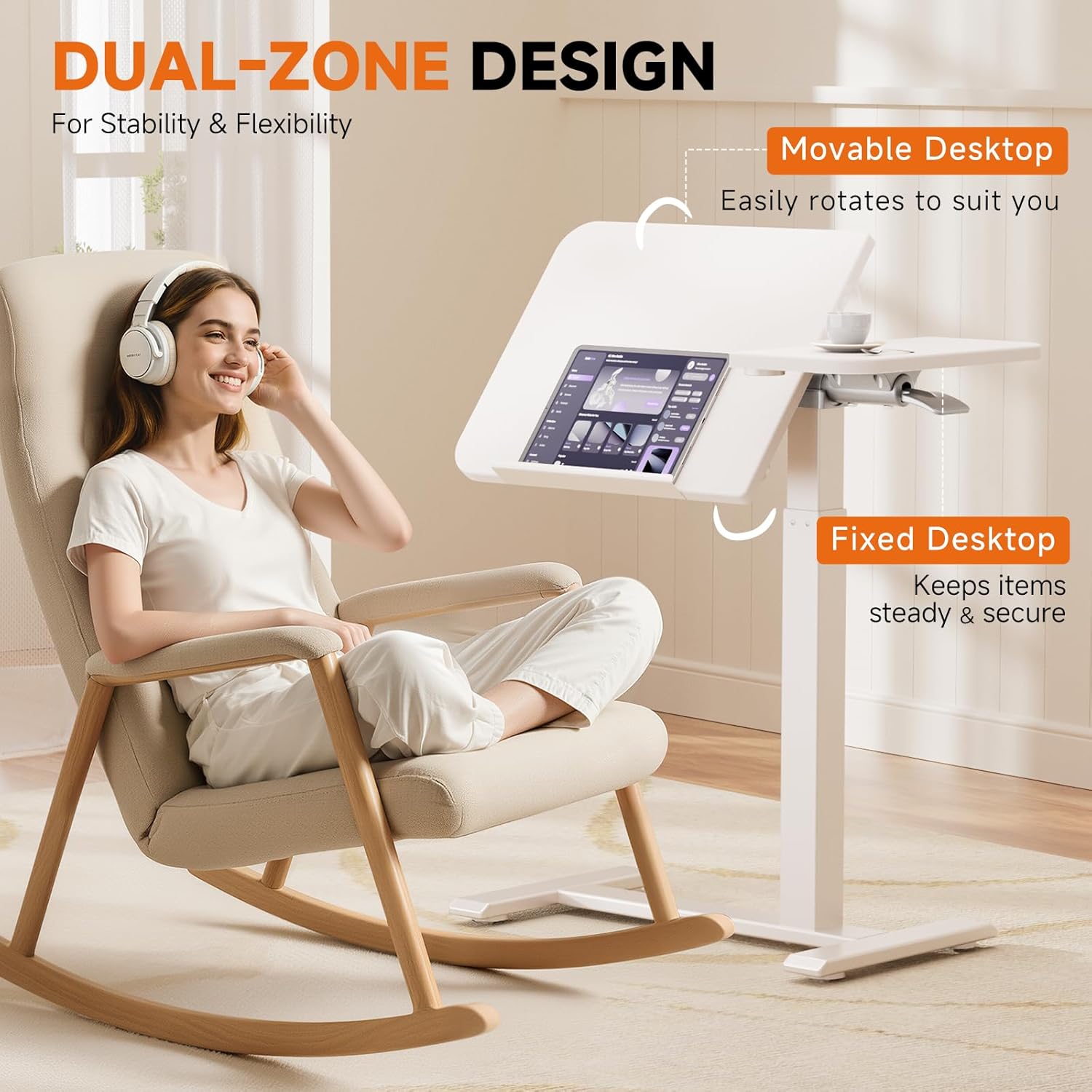 GTRACING Overbed Bedside Table with Wheels,Tiltable Hospital Bed Table Over The Bed, Pneumatic Adjustable Rolling Laptop Desk, Mobile Standing Desk for Hospital and Home Use (White)