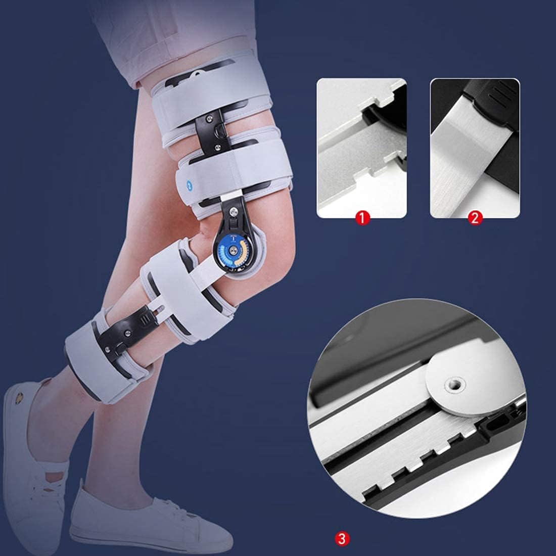 Adjustable Hinged ROM Knee Brace with Strap, Post Op Patella Injury Immobilizer Brace Orthopedic Guard Protector for Left Leg and Right Leg,Grey