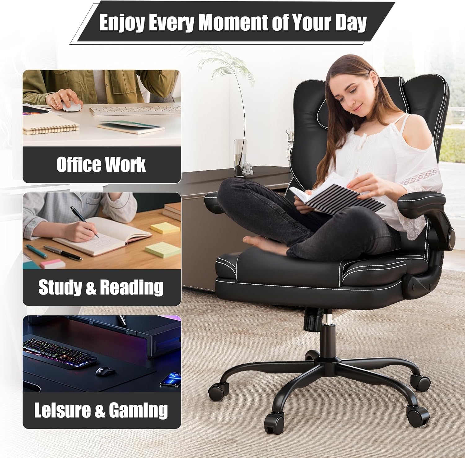 Ergonomic Office Chair with Flip-up Armrests 300lbs,Middle-Tall Computer Office Desk Chair with Lumbar Support,Executive Leather Chair with Rocking Function Adjustable Height for Home Office