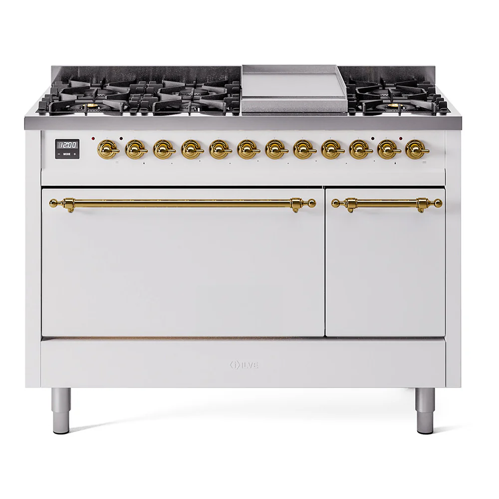 ILVE 48-Inch Nostalgie II Dual Fuel Range with 8 Burners, Griddle, and Solid Door Oven in White with Brass Trim (UP48FQNMPWHG)