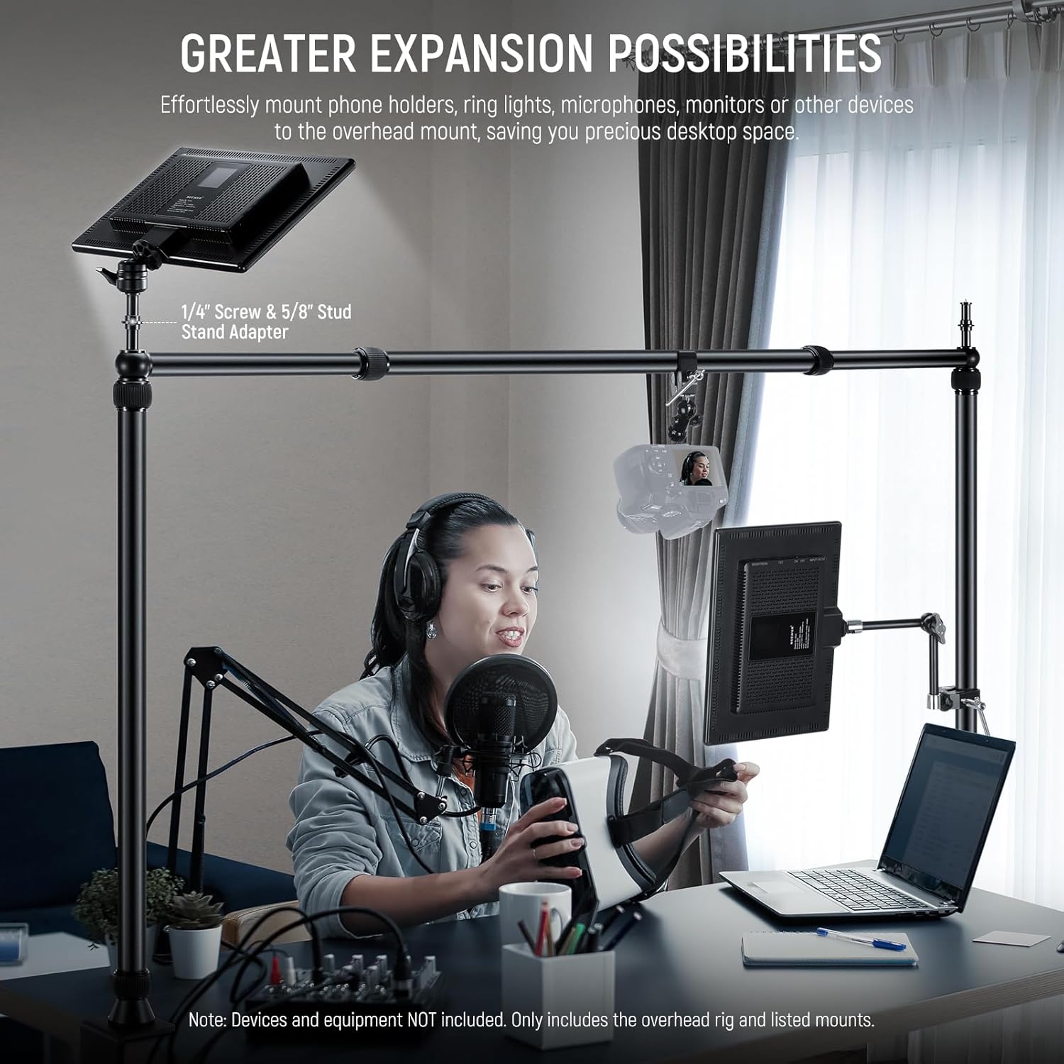 NEEWER NK002 Overhead Camera Mount Rig Platform with Phone Holder/2 Ball Heads/Arms/Super Clamp/Cleaning Cloth for Mic Webcam, Multi Device Desk Stand with Adjustable Height Width, Max Load 26lb/12kg
