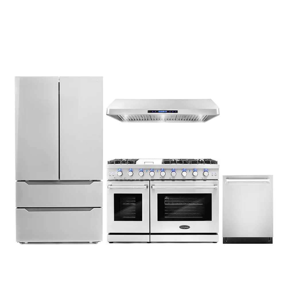 Cosmo 4Piece Appliance Package - 48-Inch Double Oven Gas Range, Under Cabinet Range Hood, Dishwasher and Refrigerator in Stainless Steel (COS-4PKG-122)