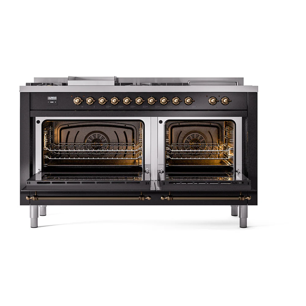 ILVE Nostalgie II 60-Inch Dual Fuel Range with 7 Burners, Griddle, & French Top with Solid Door Oven in Glossy Black with Bronze Trim (UP60FSQNMPBKB)