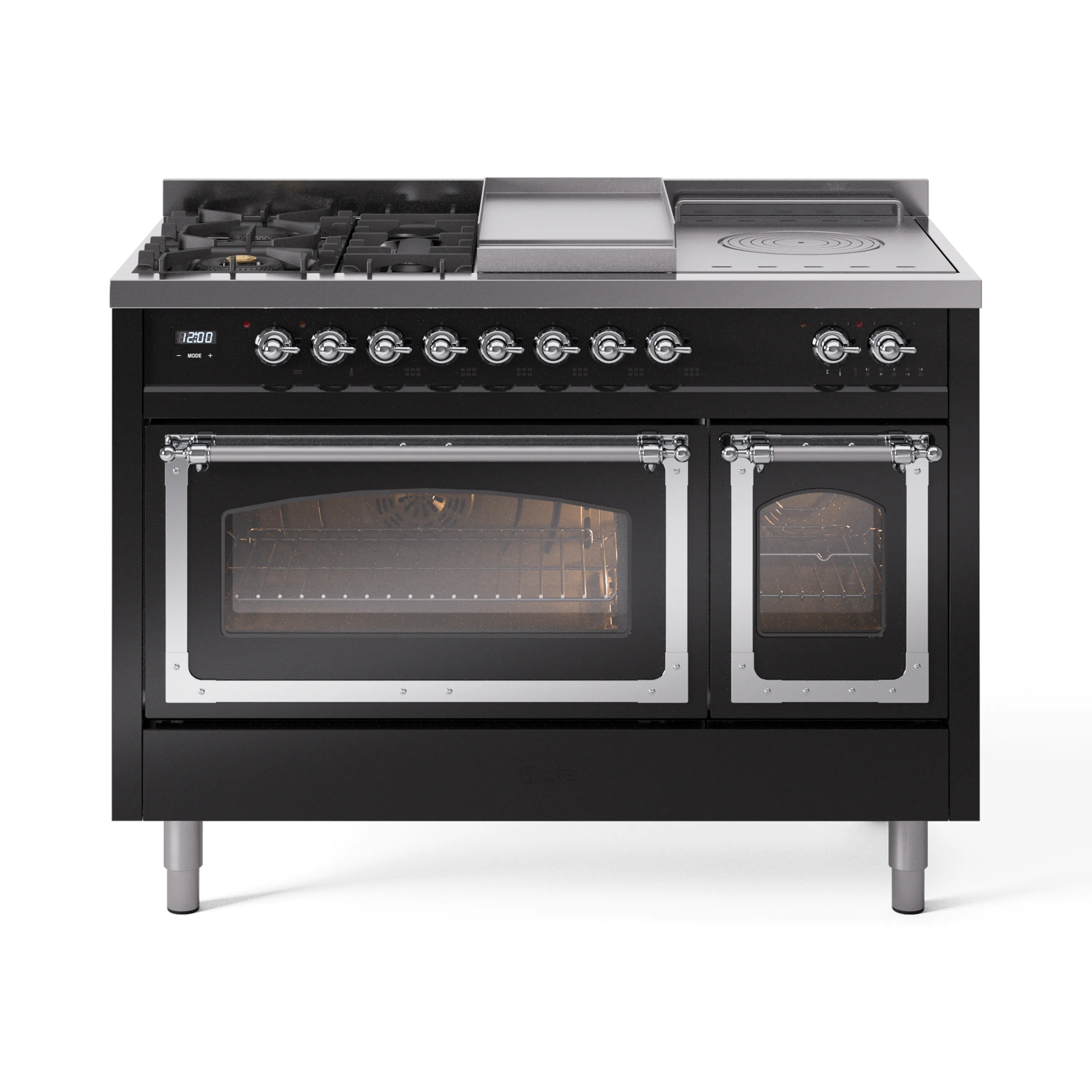 ILVE Nostalgie II Noblesse 48-Inch Dual Fuel Range with 5 Burners, Griddle, & French Top with Triple Glass Door Oven in Glossy Black with Chrome Trim (UN48FSNMPBKC)
