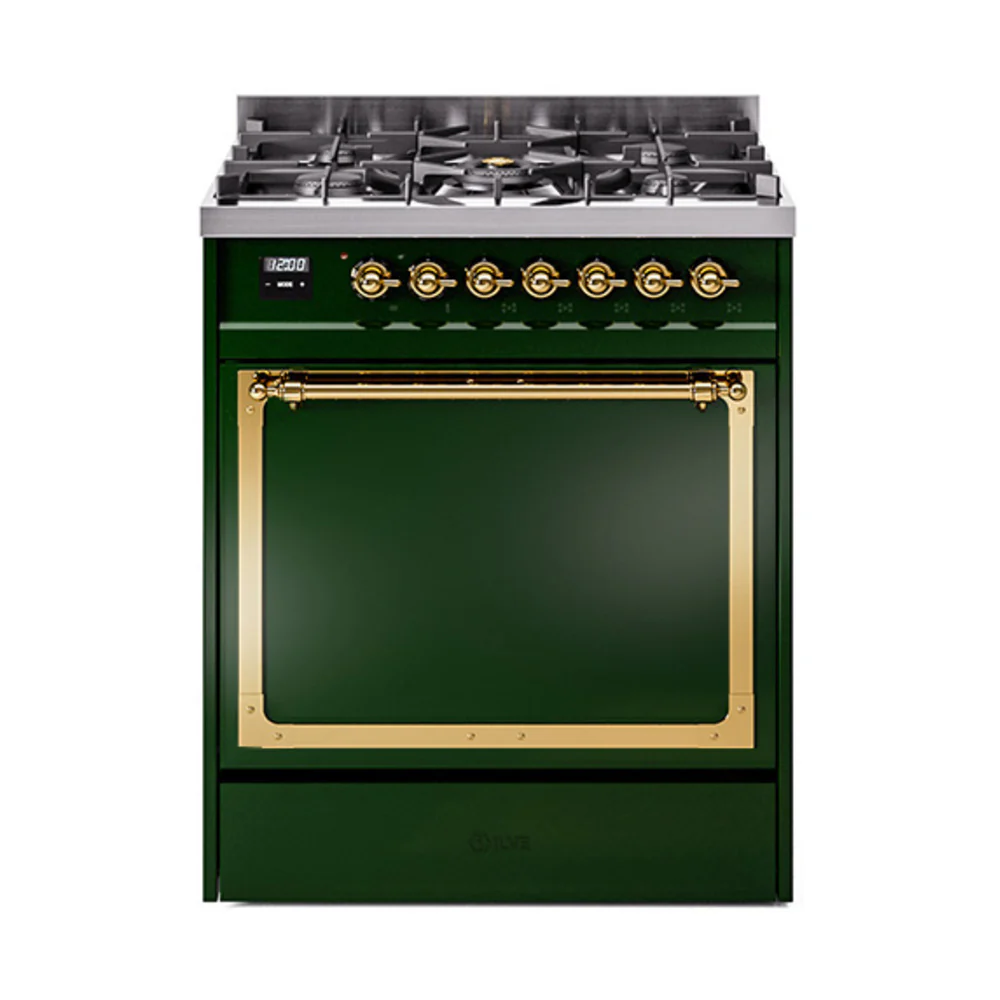 ILVE Nostalgie II Noblesse 30-Inch Dual Fuel Range with Solid Door in Emerald Green with Brass Trim (UN30QNMPEGG)