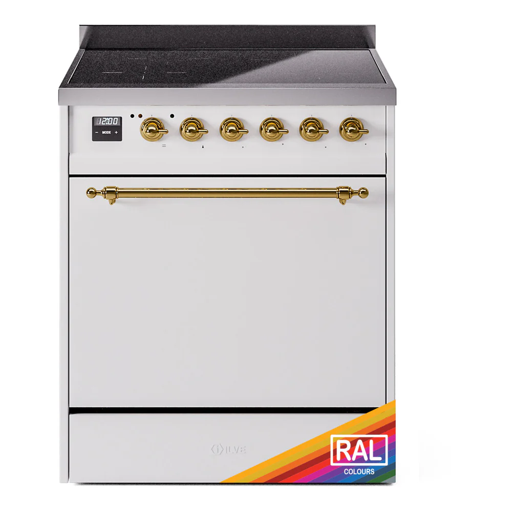 ILVE 30-Inch Nostalgie II Induction Range with Solid Door Oven in Custom RAL in Brass Trim (UPI304QNMPRAG)