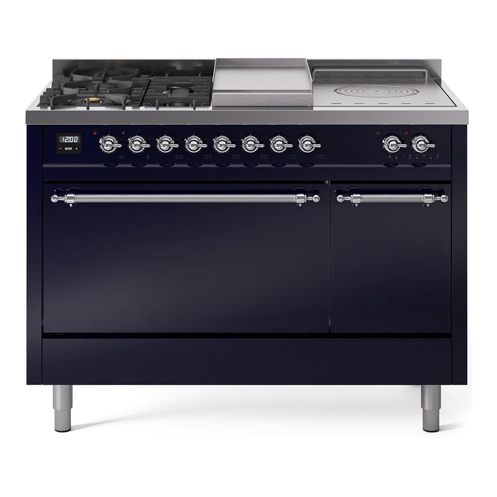 ILVE Nostalgie II 48-Inch Dual Fuel Range with 5 Burners, Griddle, & French Top, with Solid Door Oven in Midnight Blue with Chrome Trim (UP48FSQNMPMBC)