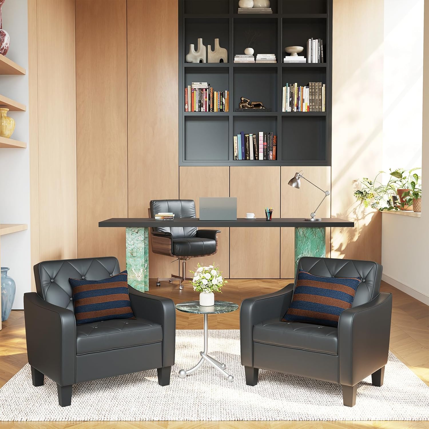 STHOUYN Living Room Arm Chairs Set of 2, Black Faux Leather Accent Chair, Waiting Room Chairs, Office Reading Chair for Guest (2, Black)