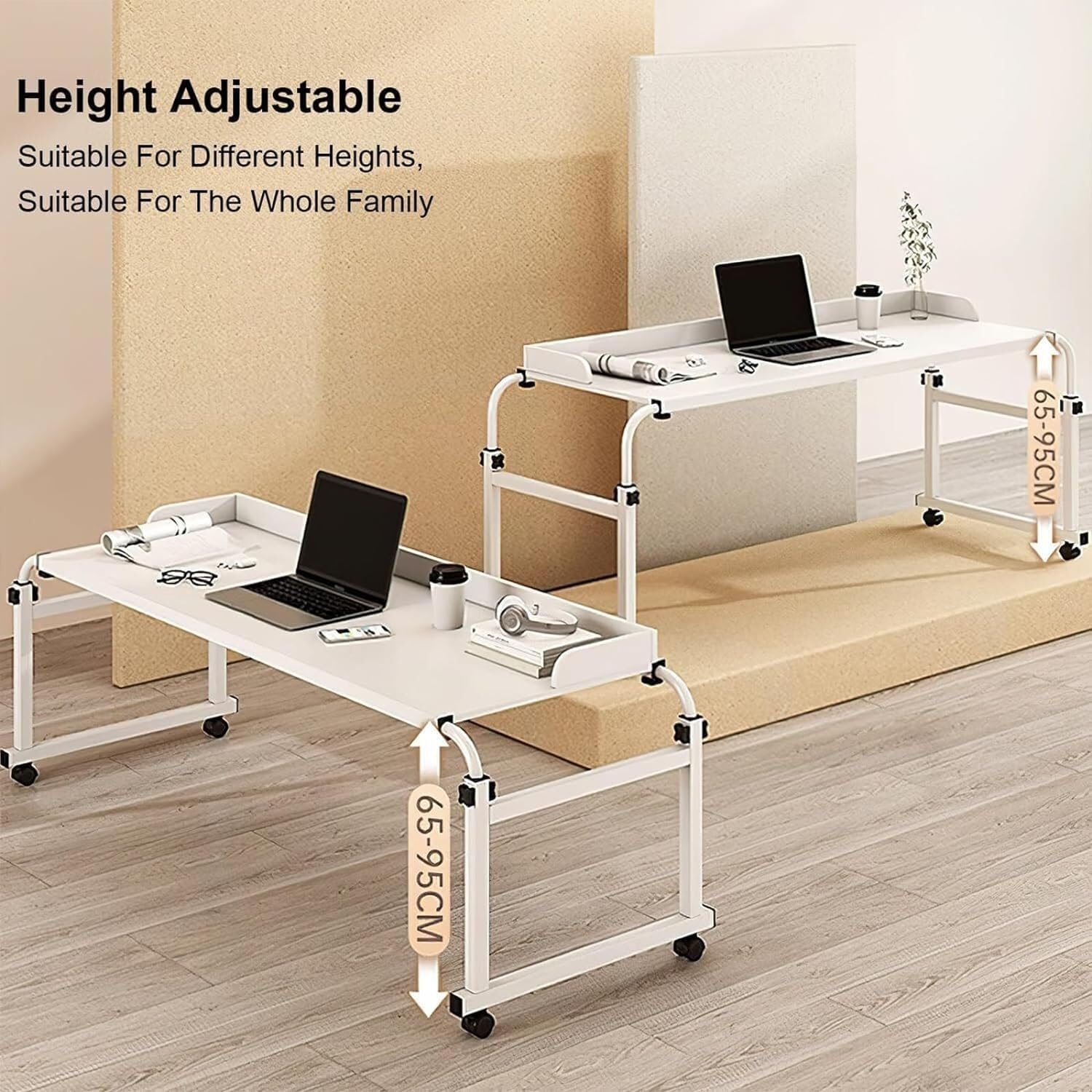 Overbed Table with Wheels Computer Desk Height Adjustable Standing Workstation Food Tray Desk Rolling Medical Table for Twin/Full/Queen/King Size Bed Frame(Black)