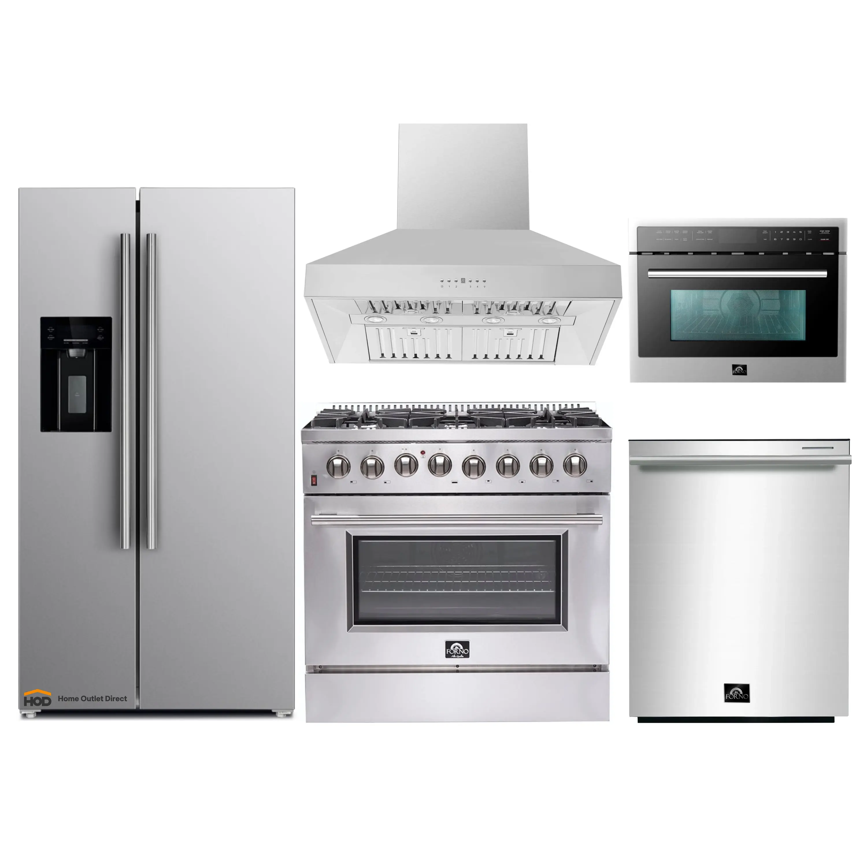 Forno 5-Piece Appliance Package - 36-Inch Dual Fuel Range, Refrigerator with Water Dispenser, Wall Mount Hood, 24-Inch Microwave Oven, & 3-Rack Dishwasher in Stainless Steel
