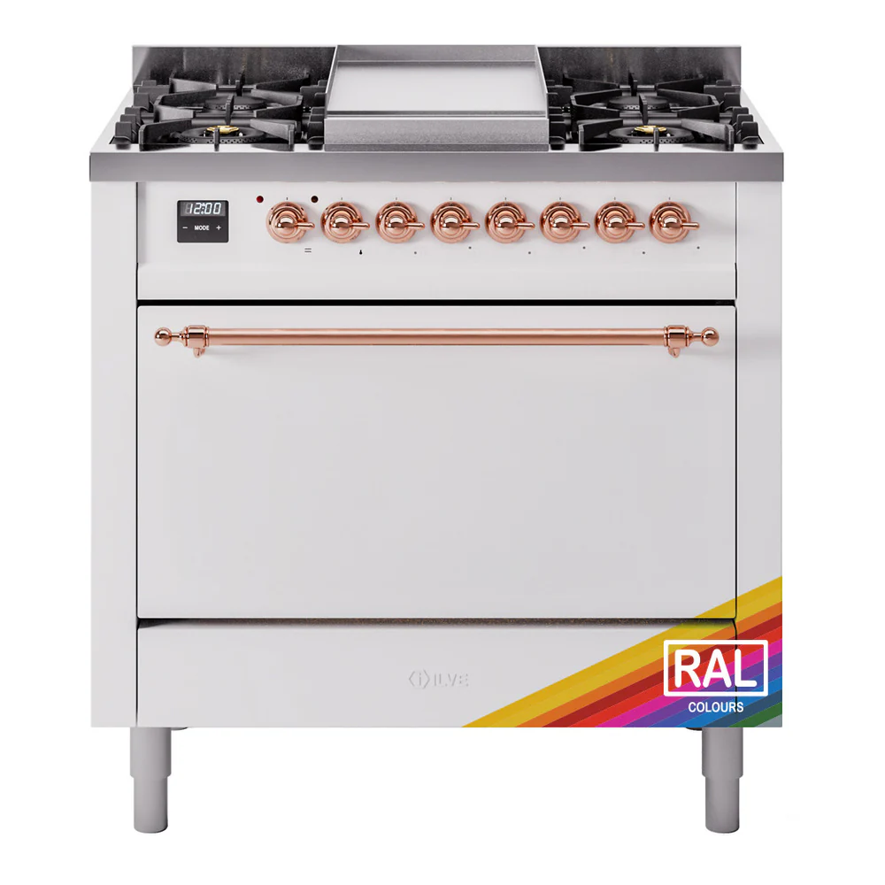 ILVE 36-Inch Nostalgie II Dual Fuel Range with 6 Burners and Solid Door Oven in Custom RAL with Copper Trim (UP36FQNMPRAP)