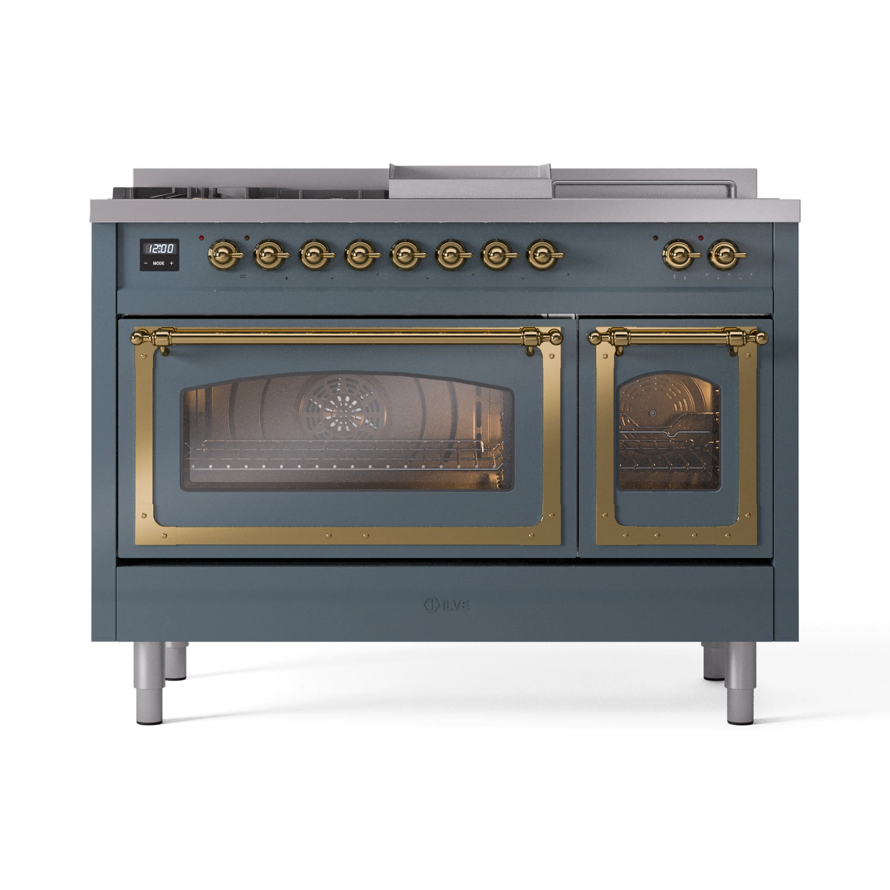 ILVE Nostalgie II Noblesse 48-Inch Dual Fuel Range with 5 Burners, Griddle, & French Top with Triple Glass Door Oven in Blue Grey with Brass Trim (UN48FSNMPBGG)