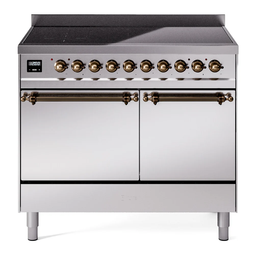 ILVE 40-Inch Nostalgie II Induction Range with Solid Door Oven in Stainless Steel with Bronze Trim (UPDI406QNMPSSB)