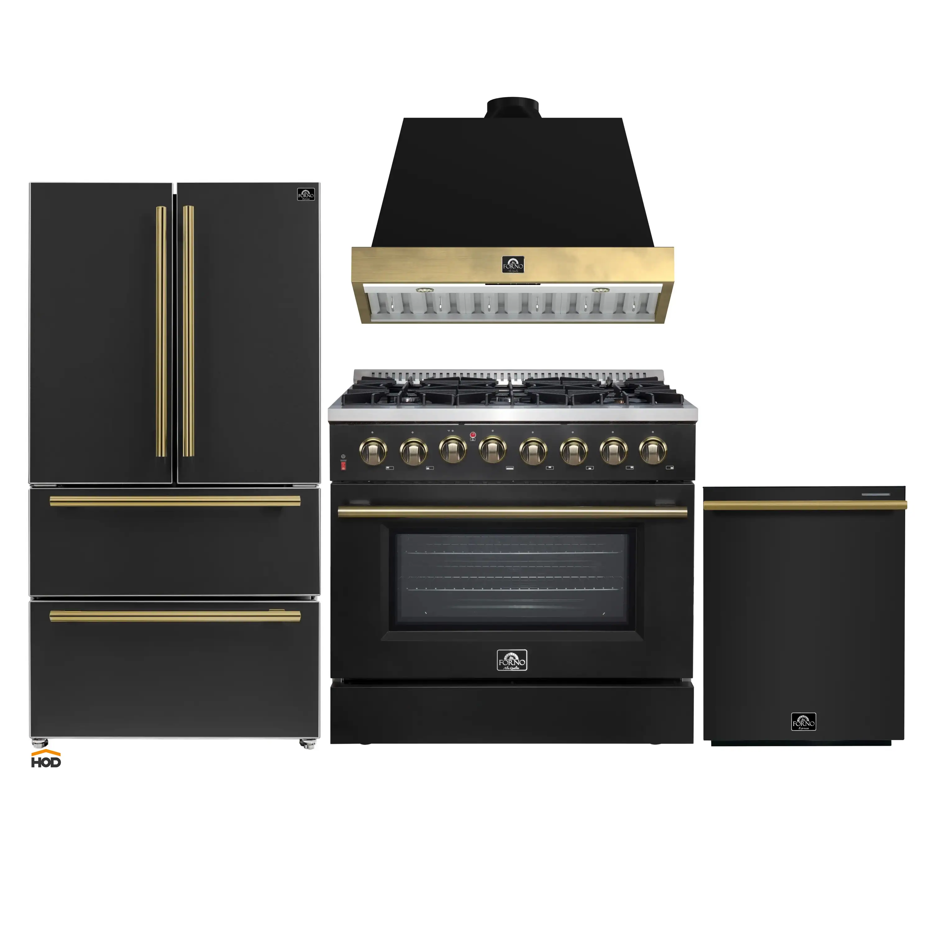 Forno Galiano 4-Piece Appliance Package - 36-Inch Dual Fuel Range, 36-Inch Hood, 36-Inch Refrigerator, & 24-Inch Dishwasher in Black with Antique Brass Trim