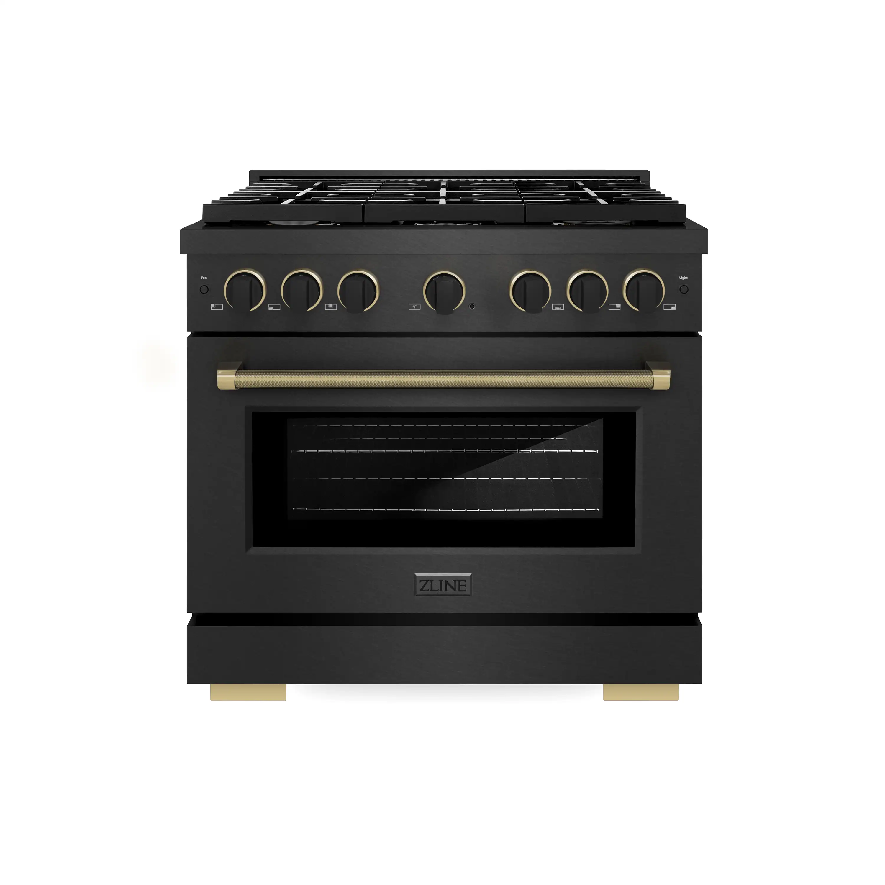 ZLINE Designer 36-Inch 5.2 Cu. Ft. Paramount Gas Range with 6 Burner Cooktop in Black Satin with Black and Champagne Bronze Helix Handle (SGRBSZ-36-MBCB)