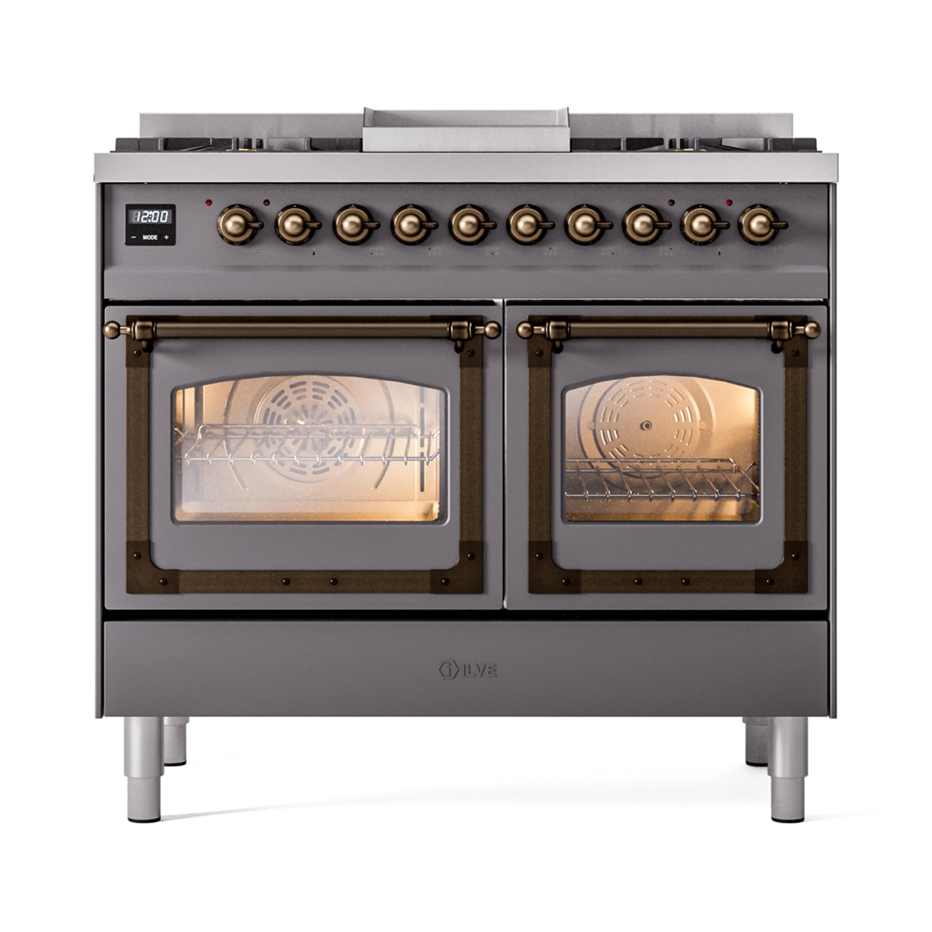 ILVE 40-Inch Nostalgie II Noblesse Dual Fuel Range with Triple Glass Door Oven in Matte Graphite with Bronze Trim (UND40FNMPMGB)
