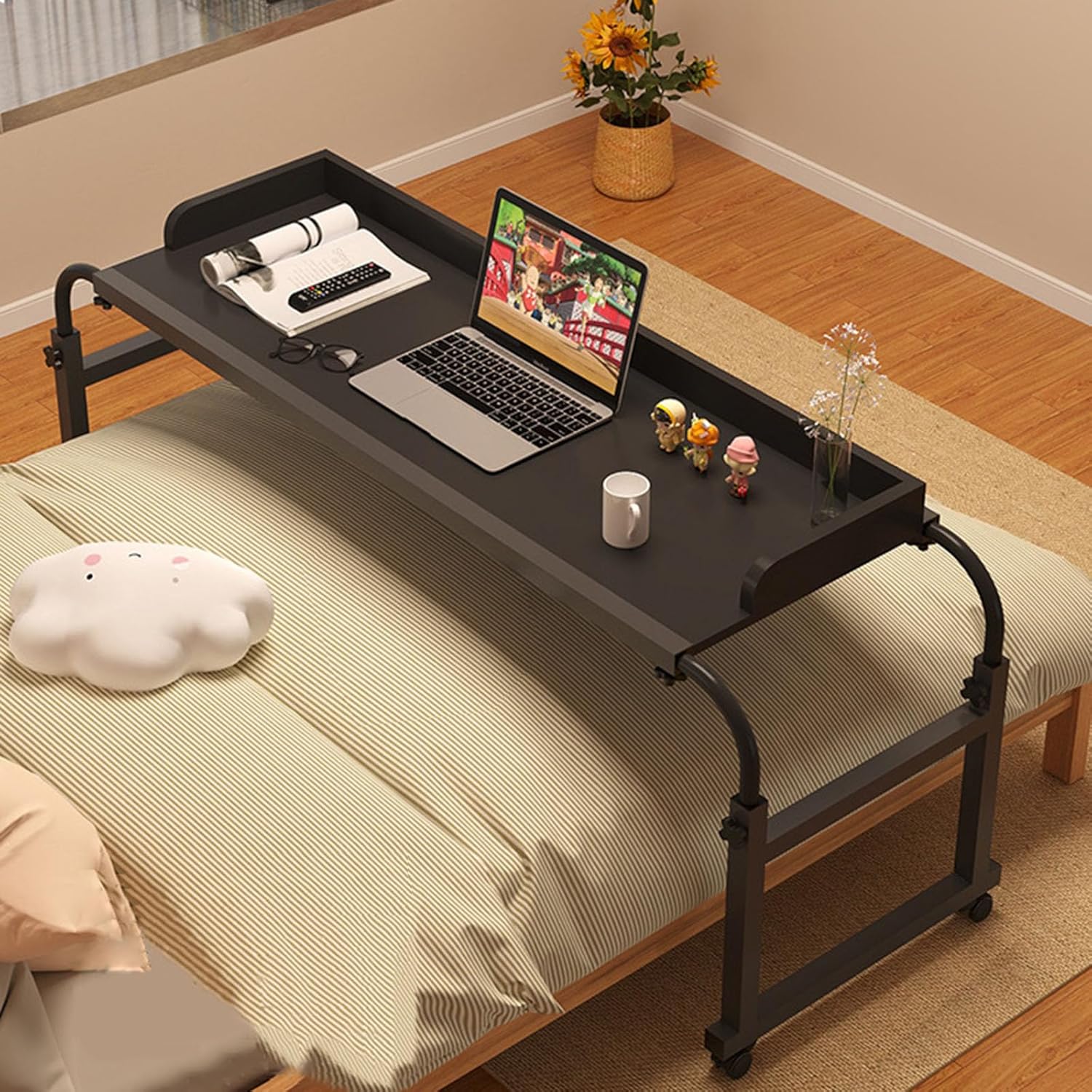 Adjustable Overbed Laptop Desk, Rolling Storage Trolley Mobile Bedside Table with 4 Wheels Standing Workstation - Ideal for Home and Hospital Use