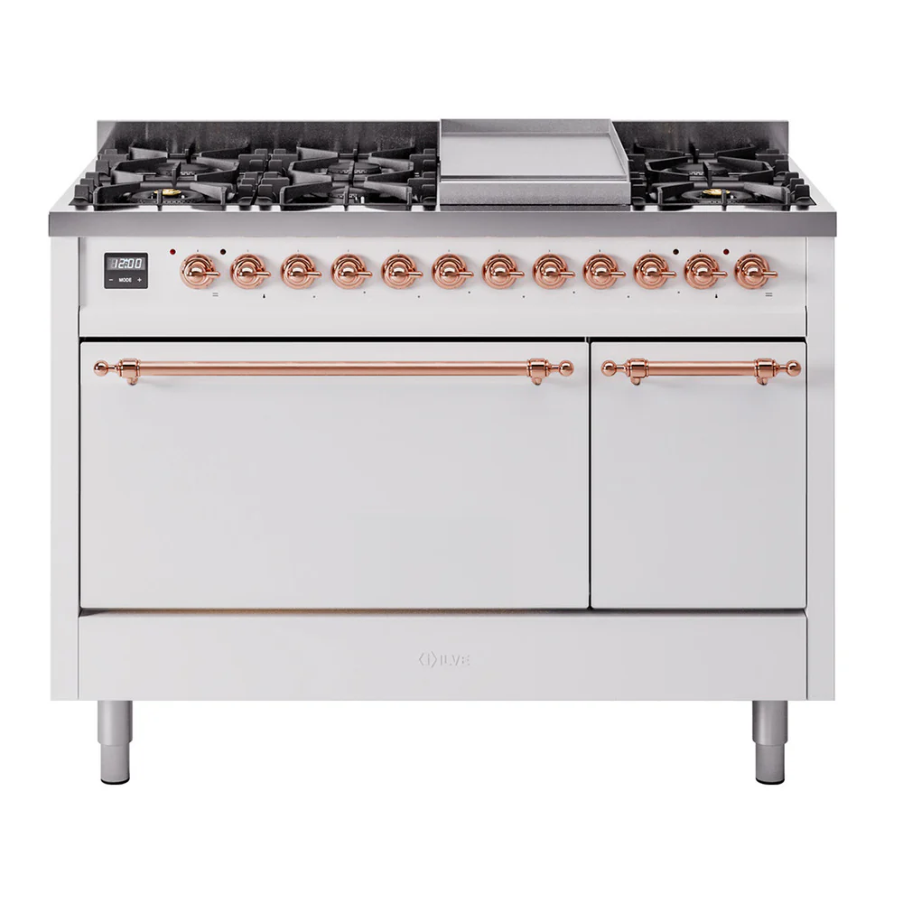 ILVE 48-Inch Nostalgie II Dual Fuel Range with 8 Burners, Griddle, and Solid Door Oven in White with Copper Trim (UP48FQNMPWHP)