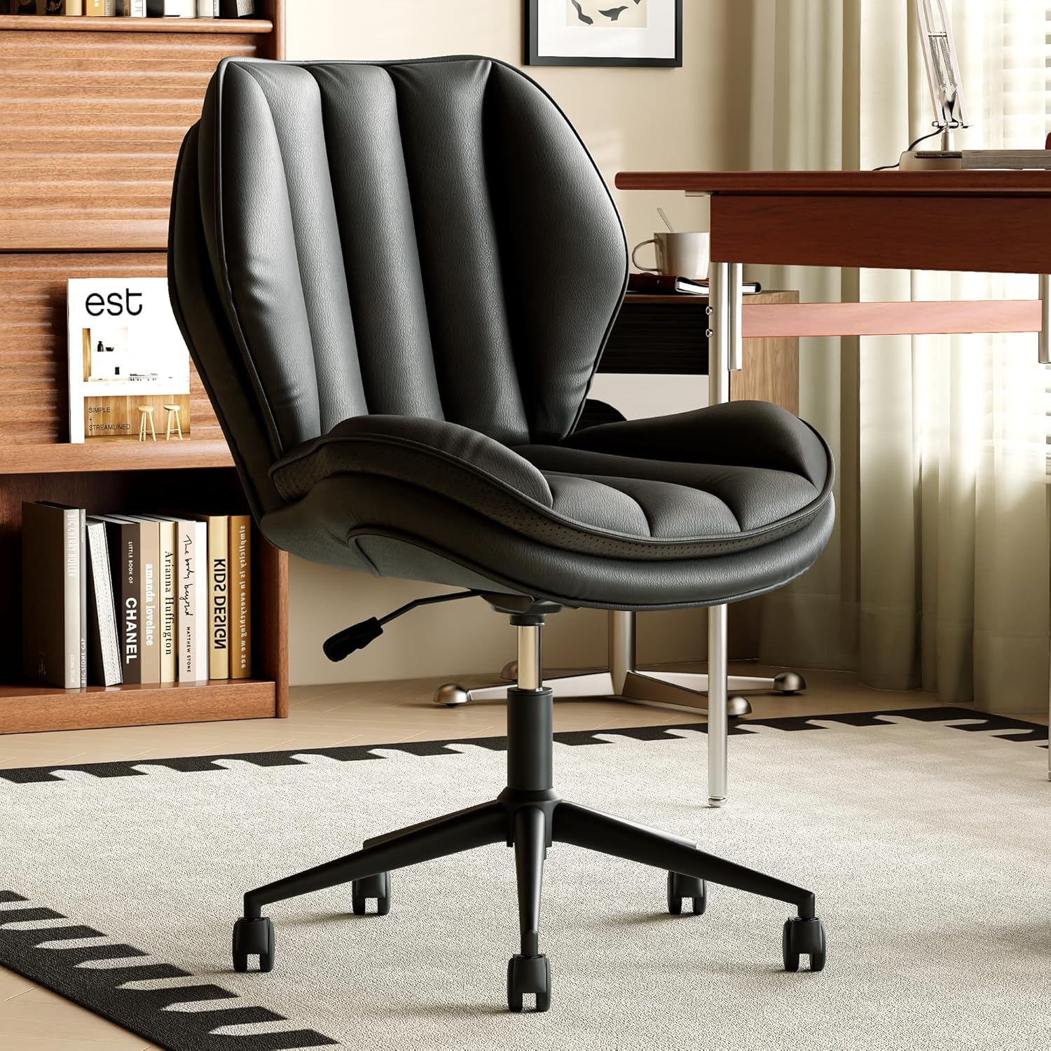 Home Office Desk Chair with Wheels, Armless Adjustable Height PU Leather Office Chair, Mid Back Ergonomic Computer Chair, Walnut Curved Seat Design No-Arm Chair (9008-Black)