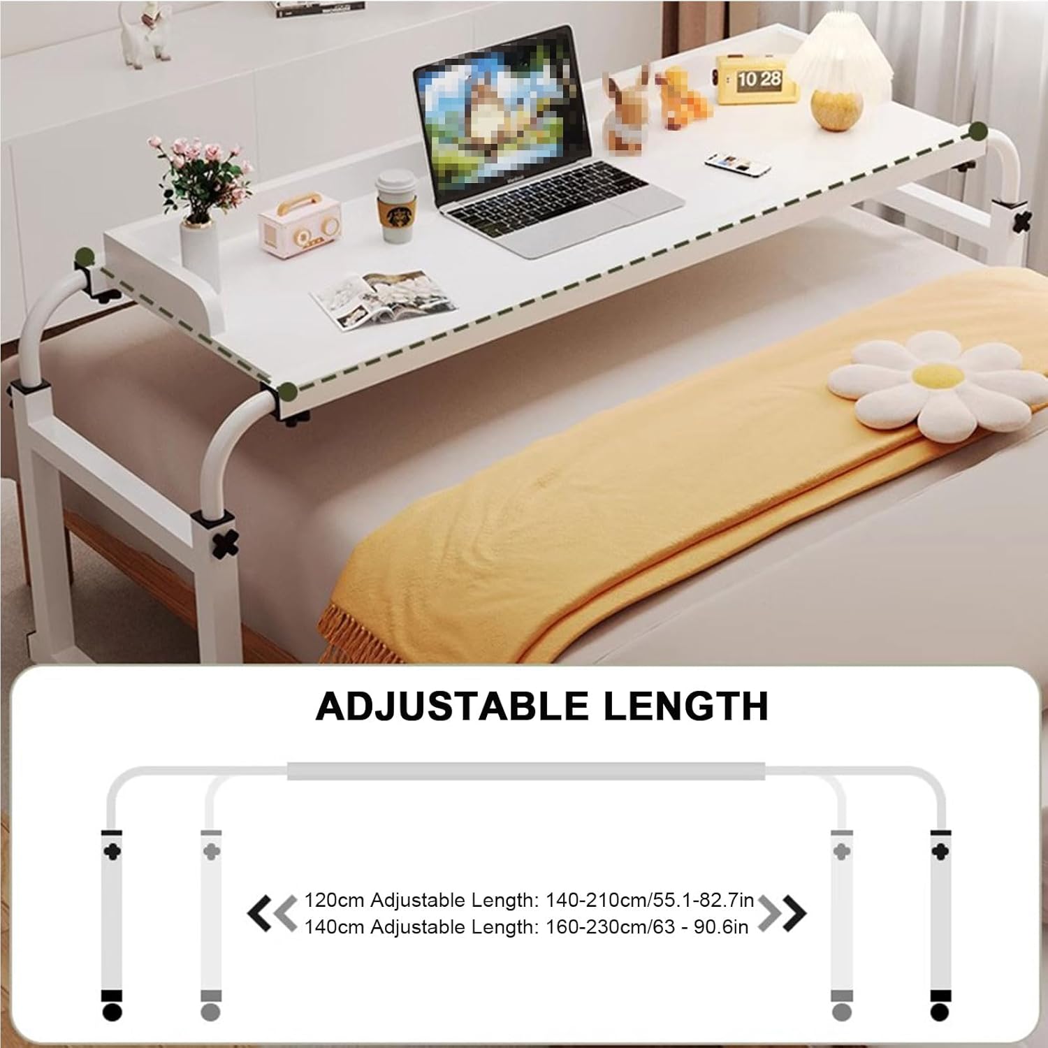 Overbed Table with Wheels, Height Adjustable Mobile Bed Desk, Standing Workstation Laptop Cart, Over The Bed Table for Home Office Bedroom Hospital,White with Baffle,120cm