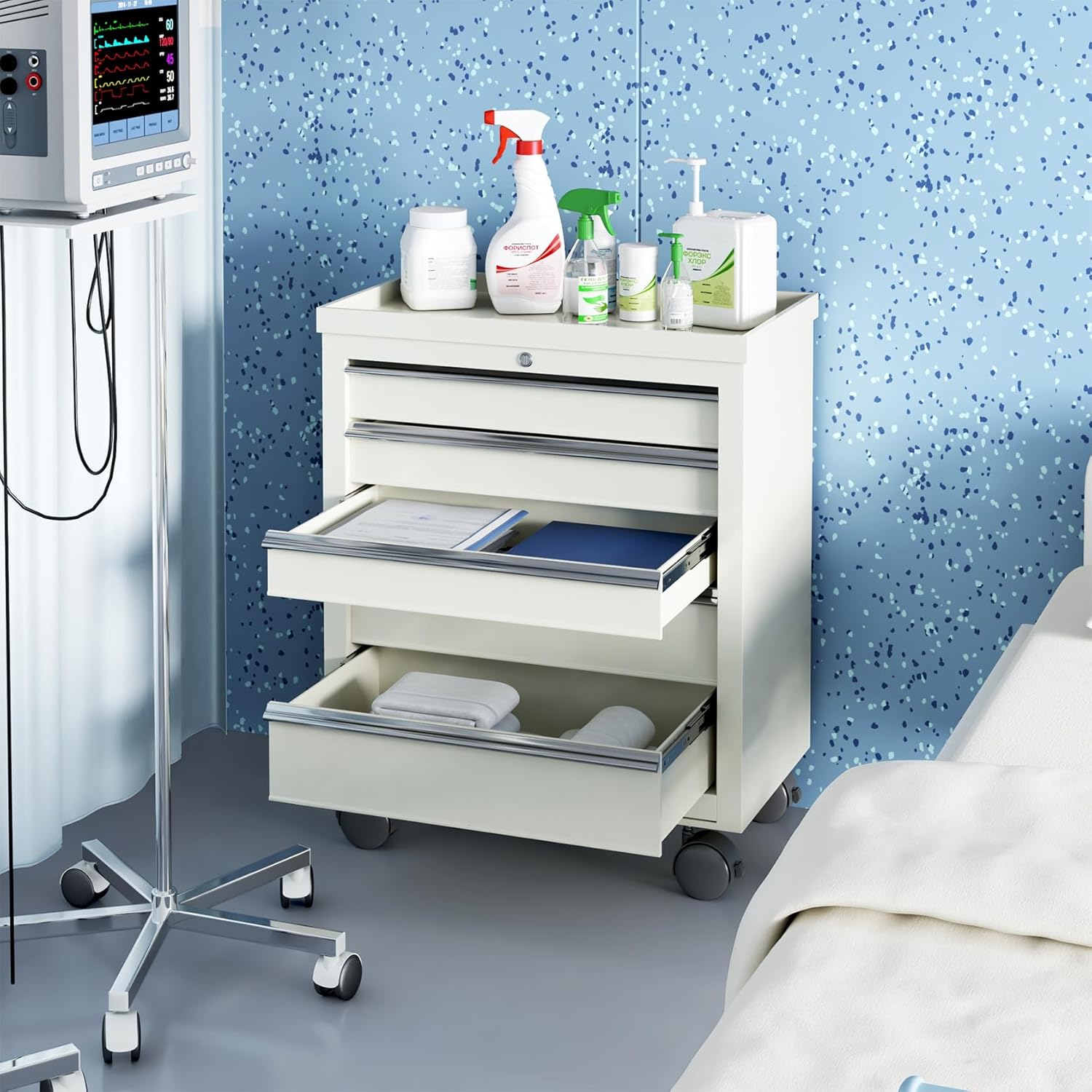 5 Drawers Mobile Medical Bedside Cart with 4 Wheels and Lock, Dental Assistant's Mobile Cabinet, Professional File Beauty Storage Utility Cart, for Hospital Office Bedroom Clinic