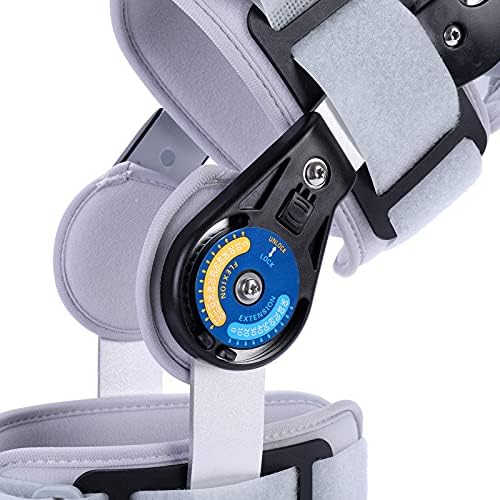 Adjustable Hinged ROM Knee Brace with Strap, Post Op Patella Injury Immobilizer Brace Orthopedic Guard Protector for Left Leg and Right Leg,Grey