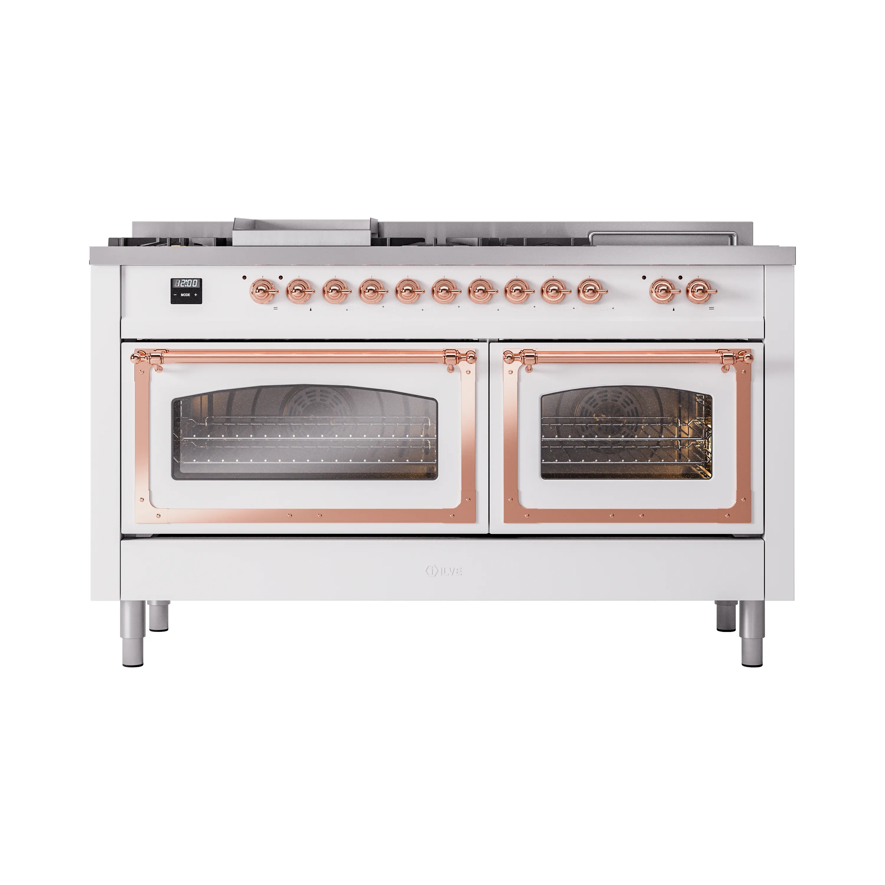 ILVE 60-Inch Nostalgie II Noblesse Dual Fuel Range with 7 Sealed Burners, Griddle, French Top, and Triple Glass Door Oven in White with Copper Trim (UN60FSNMPWHP)