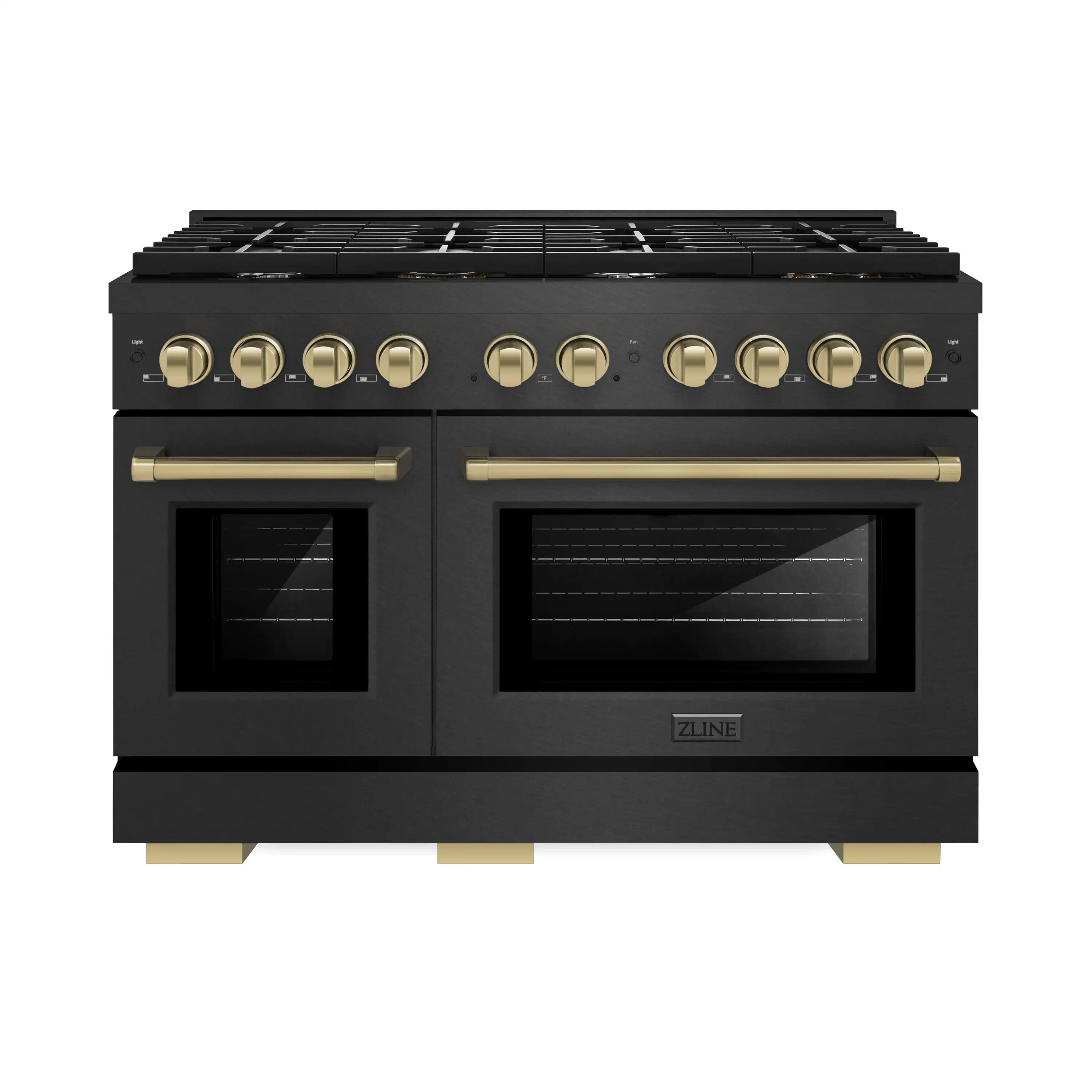ZLINE Autograph 48-Inch 6.7 Cu. Ft. Paramount Double Oven Gas Range with 8 Burner Cooktop in Black Satin and Champagne Accents (SGRBSZ-48-CB)