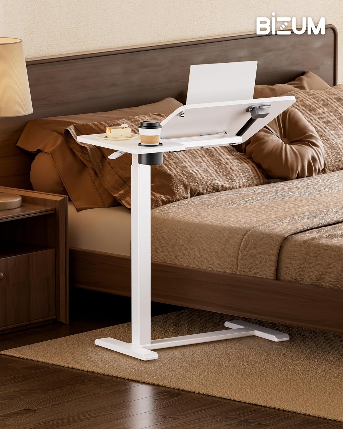 BZIUM Overbed Bedside Table with Hidden Wheels, Adjustable Medical Tilt Top Hospital Bed Table Over The Bed, Rolling Desk Mobile Standing Desk (27.6x15.8, White)